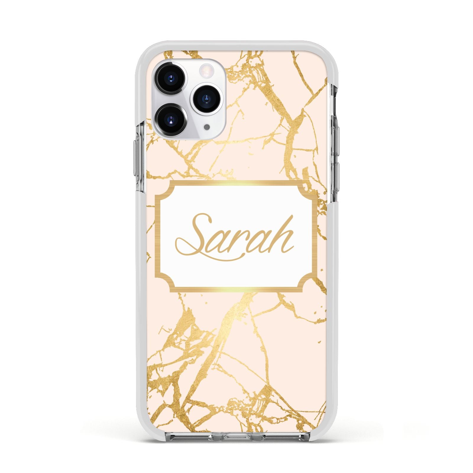Personalised Gold Marble Pink Name Apple iPhone 11 Pro in Silver with White Impact Case
