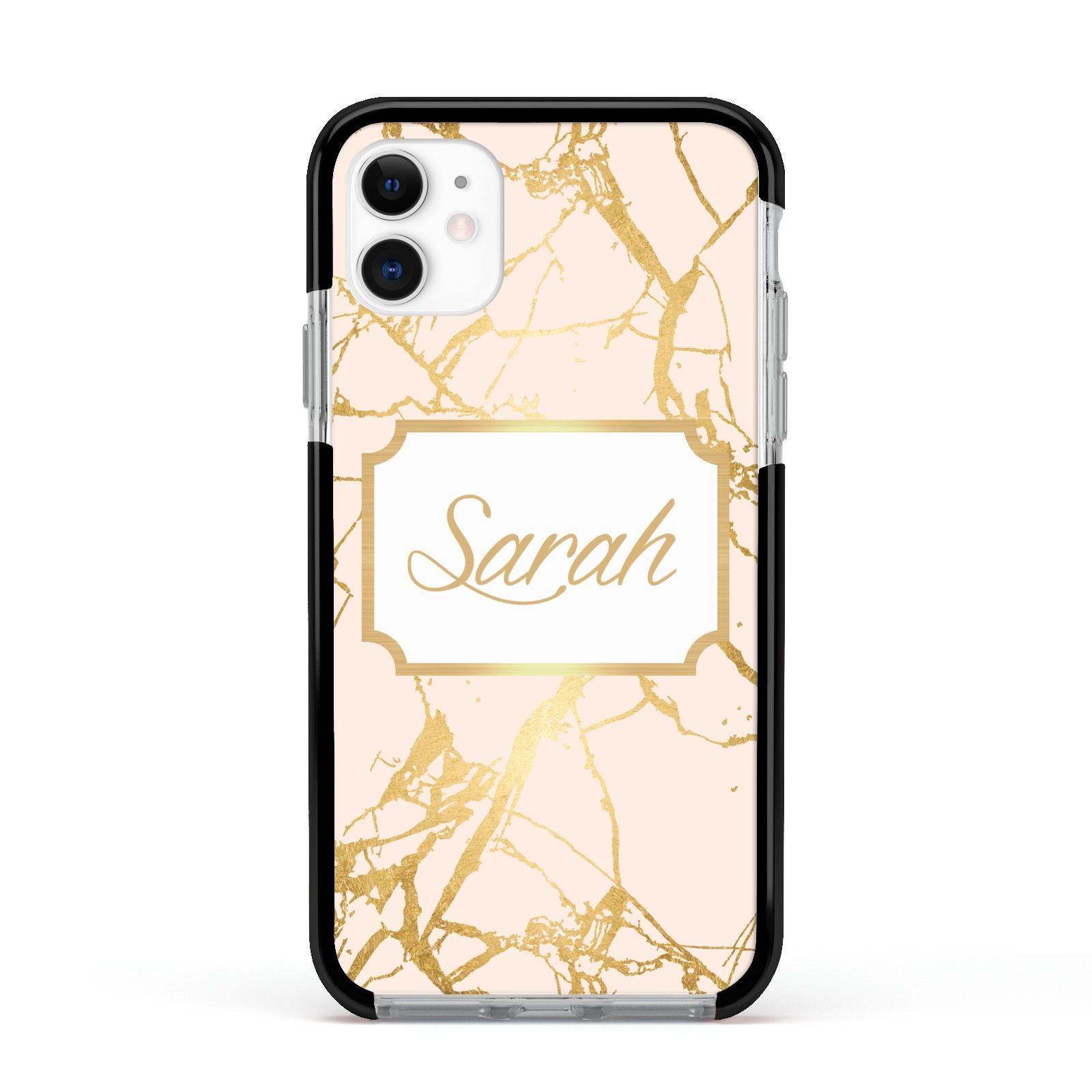 Personalised Gold Marble Pink Name Apple iPhone 11 in White with Black Impact Case