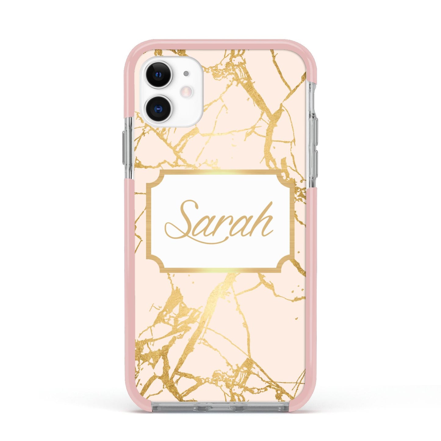 Personalised Gold Marble Pink Name Apple iPhone 11 in White with Pink Impact Case