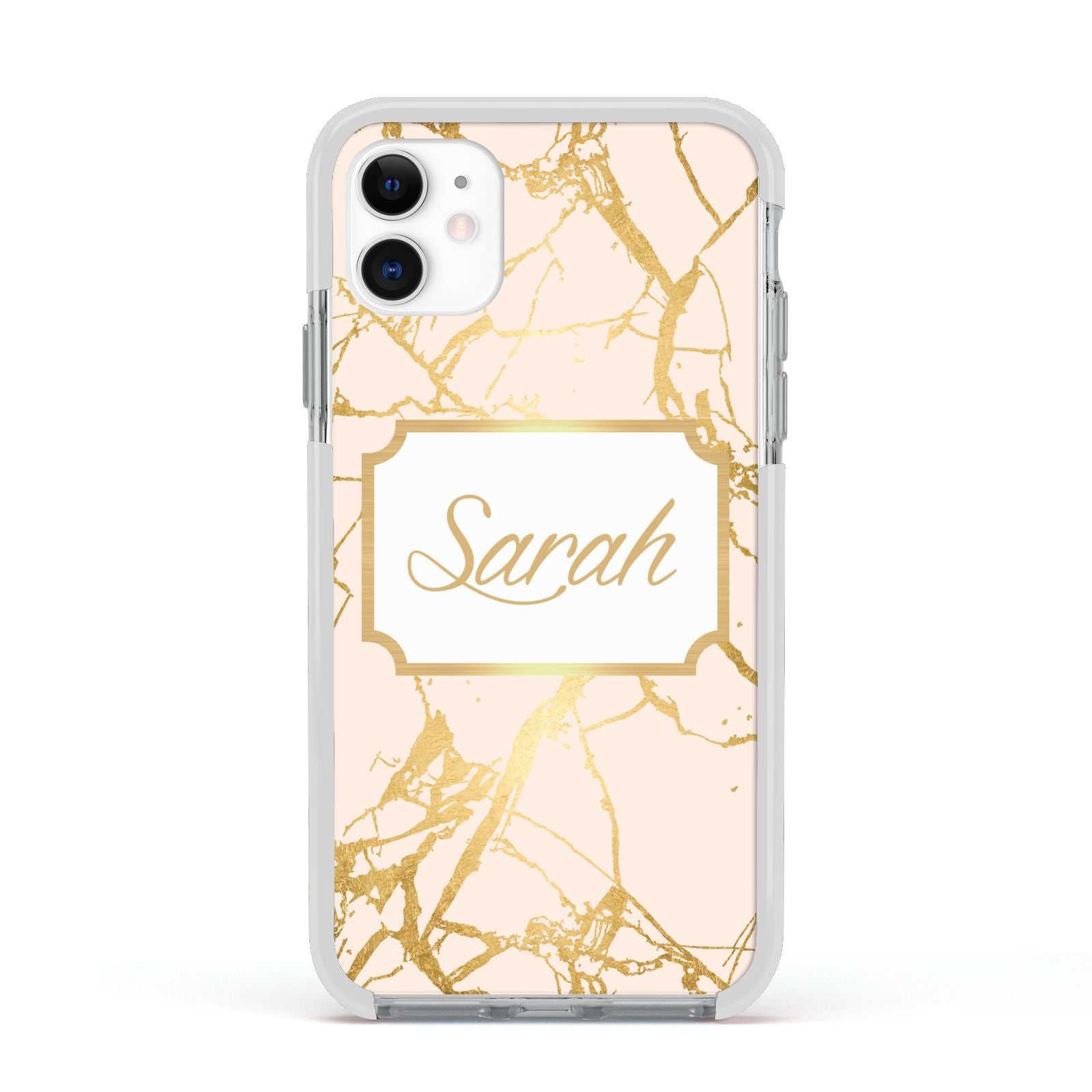 Personalised Gold Marble Pink Name Apple iPhone 11 in White with White Impact Case