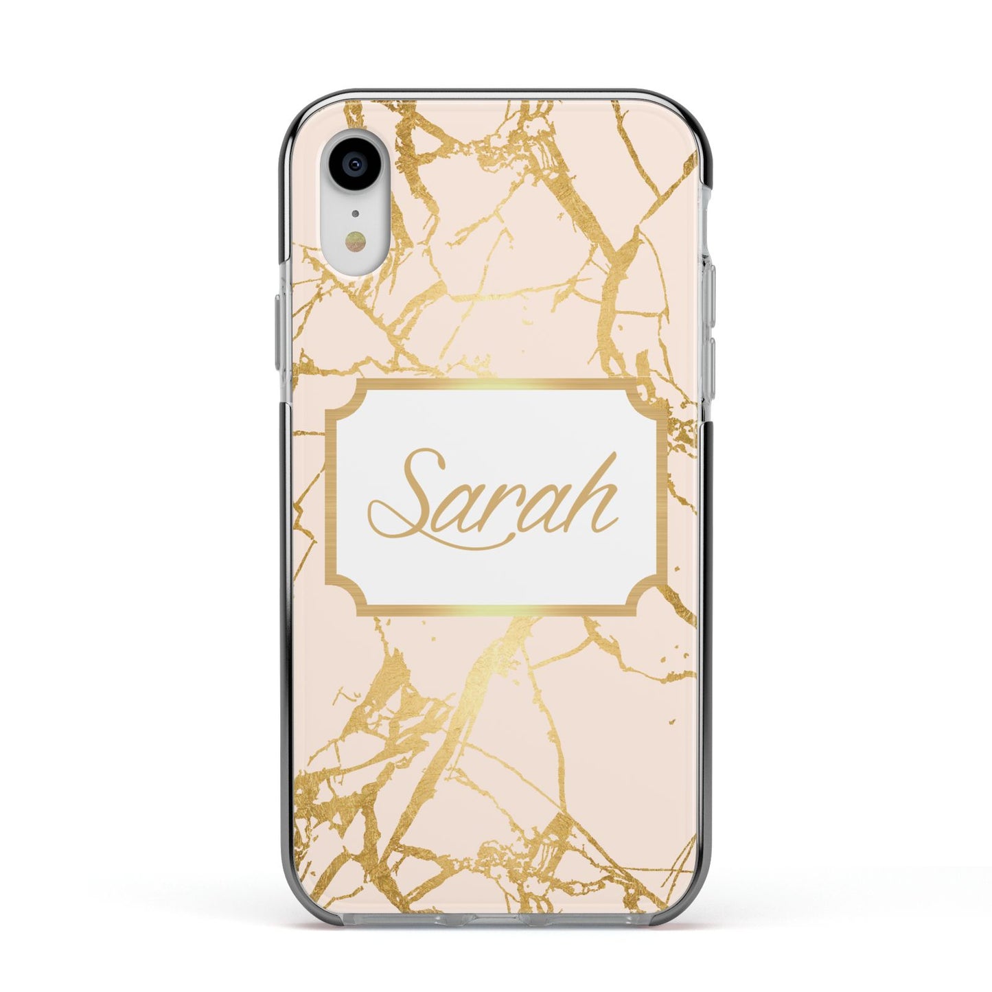 Personalised Gold Marble Pink Name Apple iPhone XR Impact Case Black Edge on Silver Phone