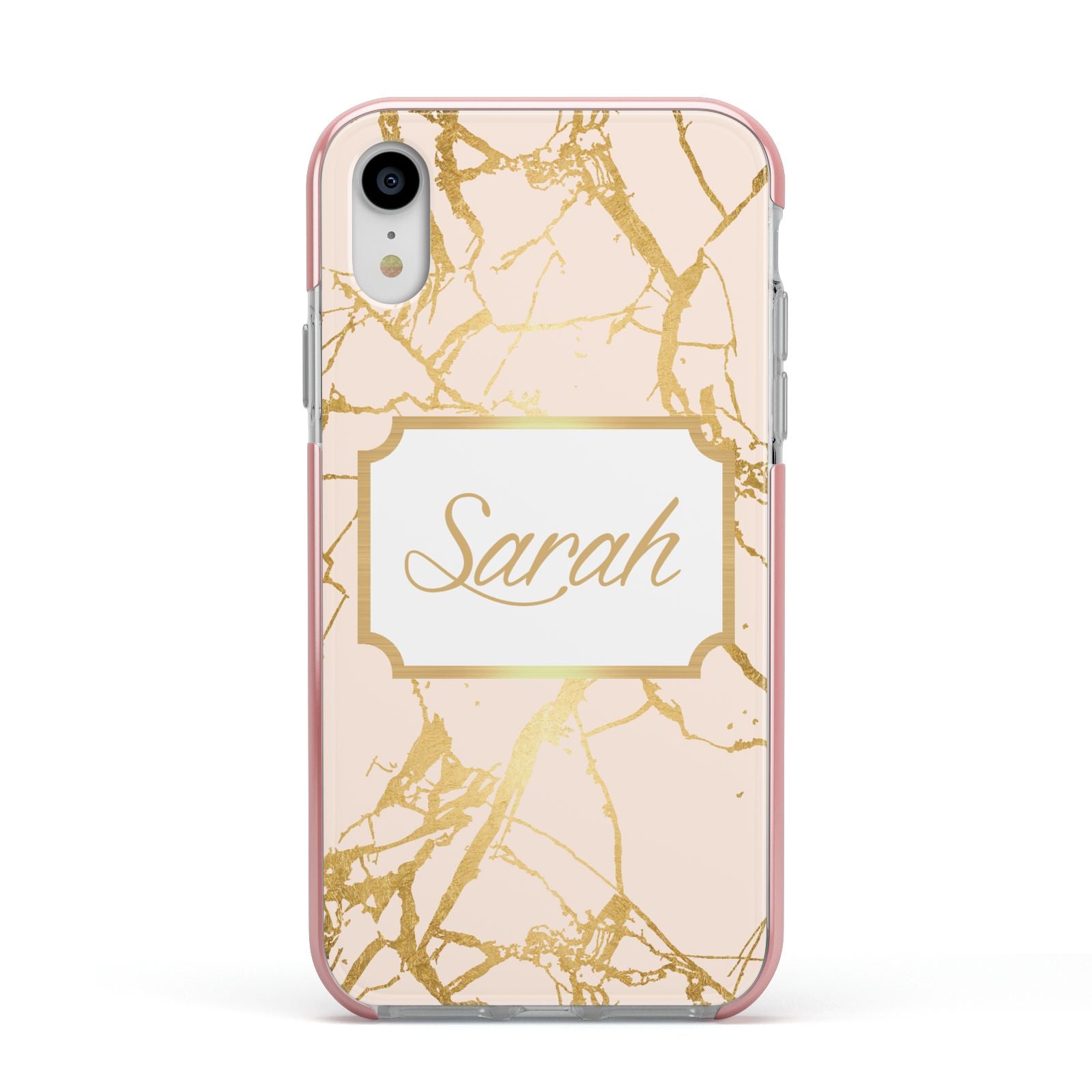 Personalised Gold Marble Pink Name Apple iPhone XR Impact Case Pink Edge on Silver Phone