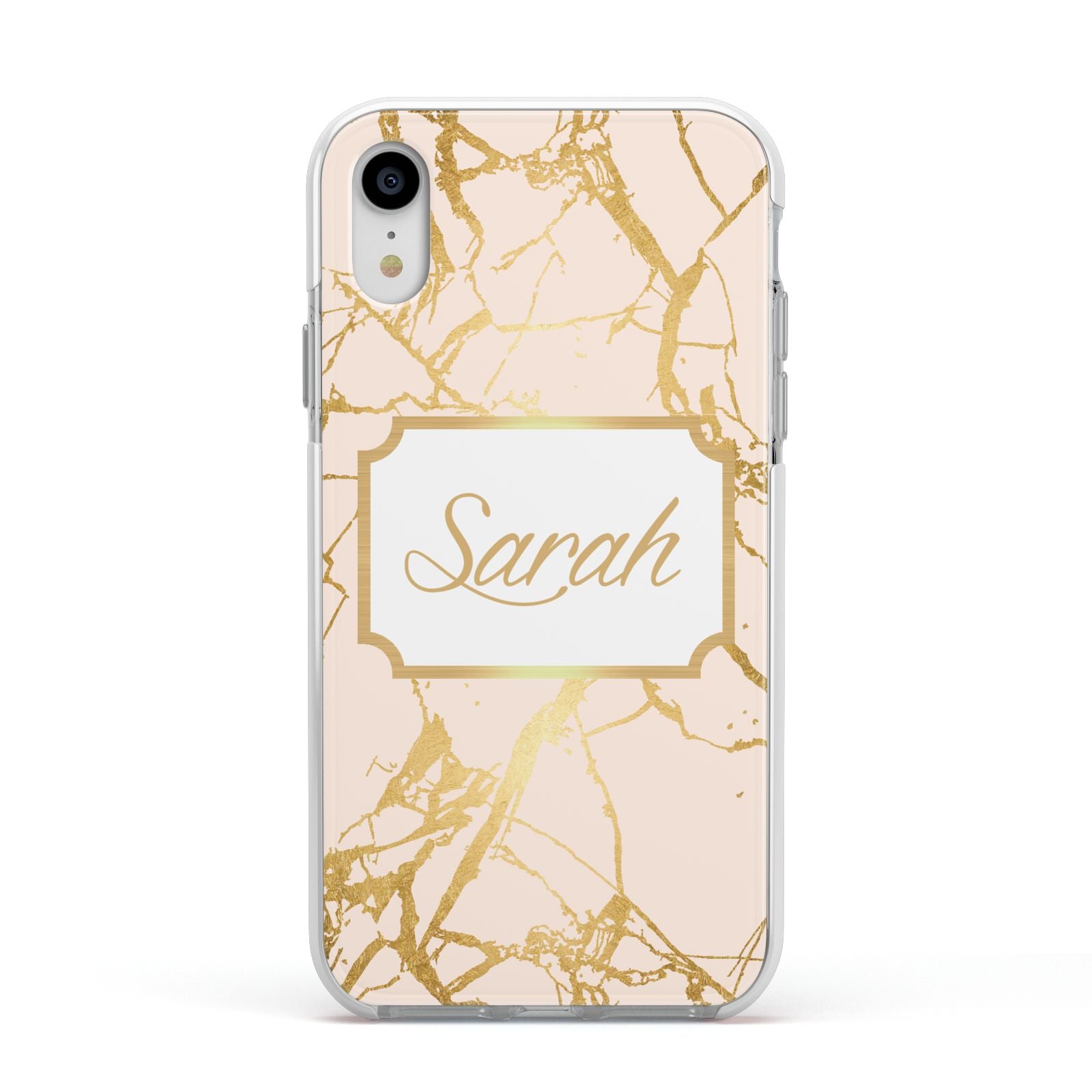 Personalised Gold Marble Pink Name Apple iPhone XR Impact Case White Edge on Silver Phone