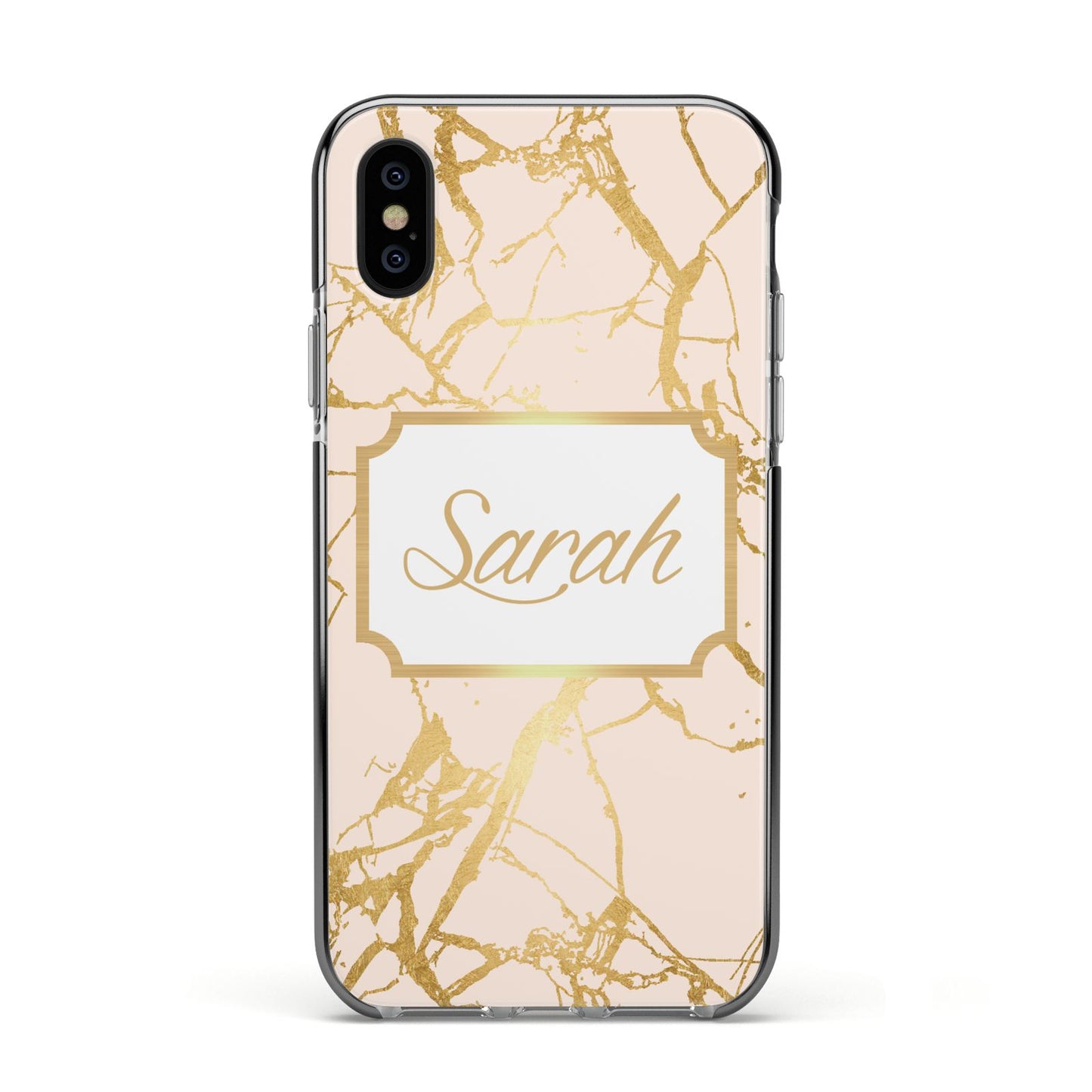 Personalised Gold Marble Pink Name Apple iPhone Xs Impact Case Black Edge on Black Phone