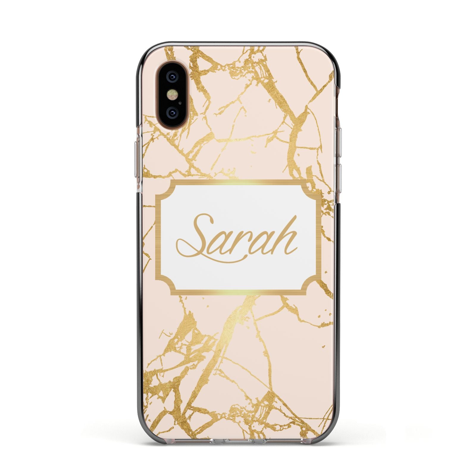 Personalised Gold Marble Pink Name Apple iPhone Xs Impact Case Black Edge on Gold Phone
