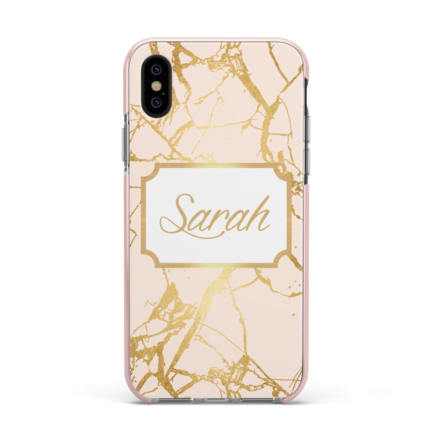 Personalised Gold Marble Pink Name Apple iPhone Xs Impact Case Pink Edge on Black Phone