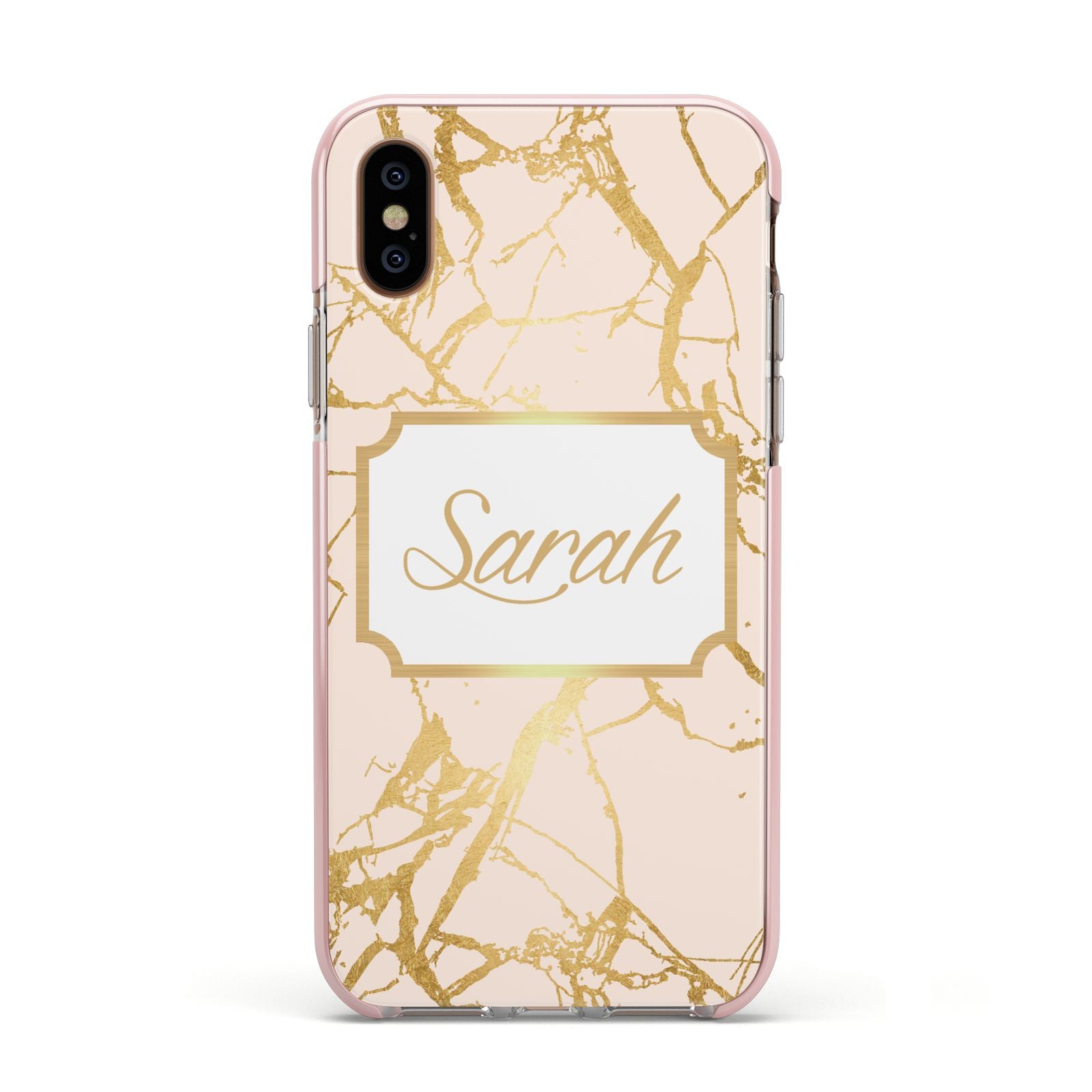 Personalised Gold Marble Pink Name Apple iPhone Xs Impact Case Pink Edge on Gold Phone