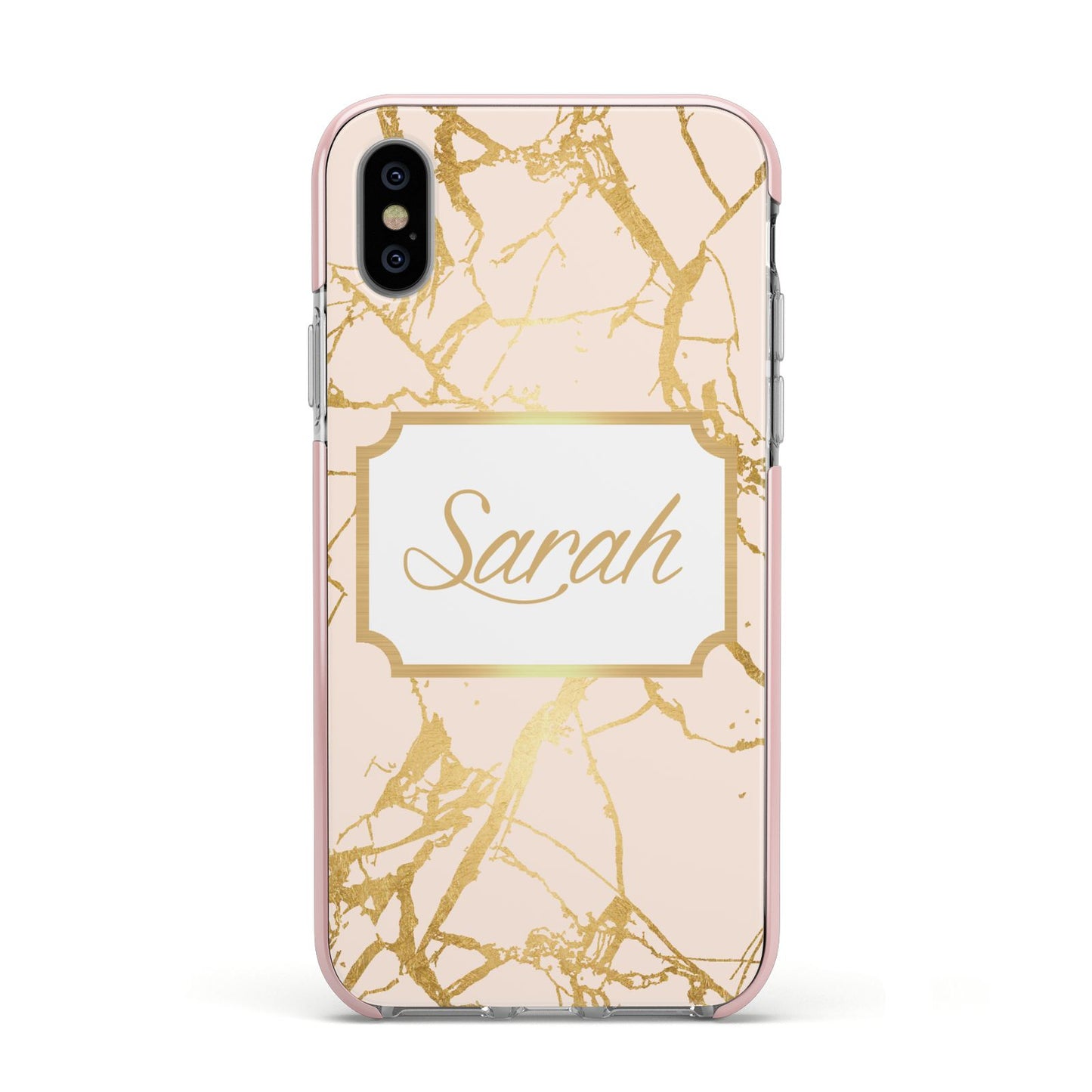 Personalised Gold Marble Pink Name Apple iPhone Xs Impact Case Pink Edge on Silver Phone