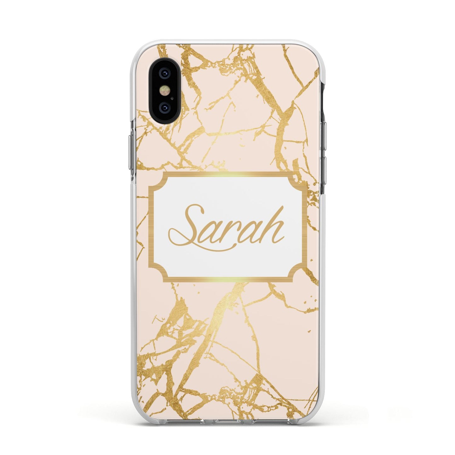 Personalised Gold Marble Pink Name Apple iPhone Xs Impact Case White Edge on Black Phone