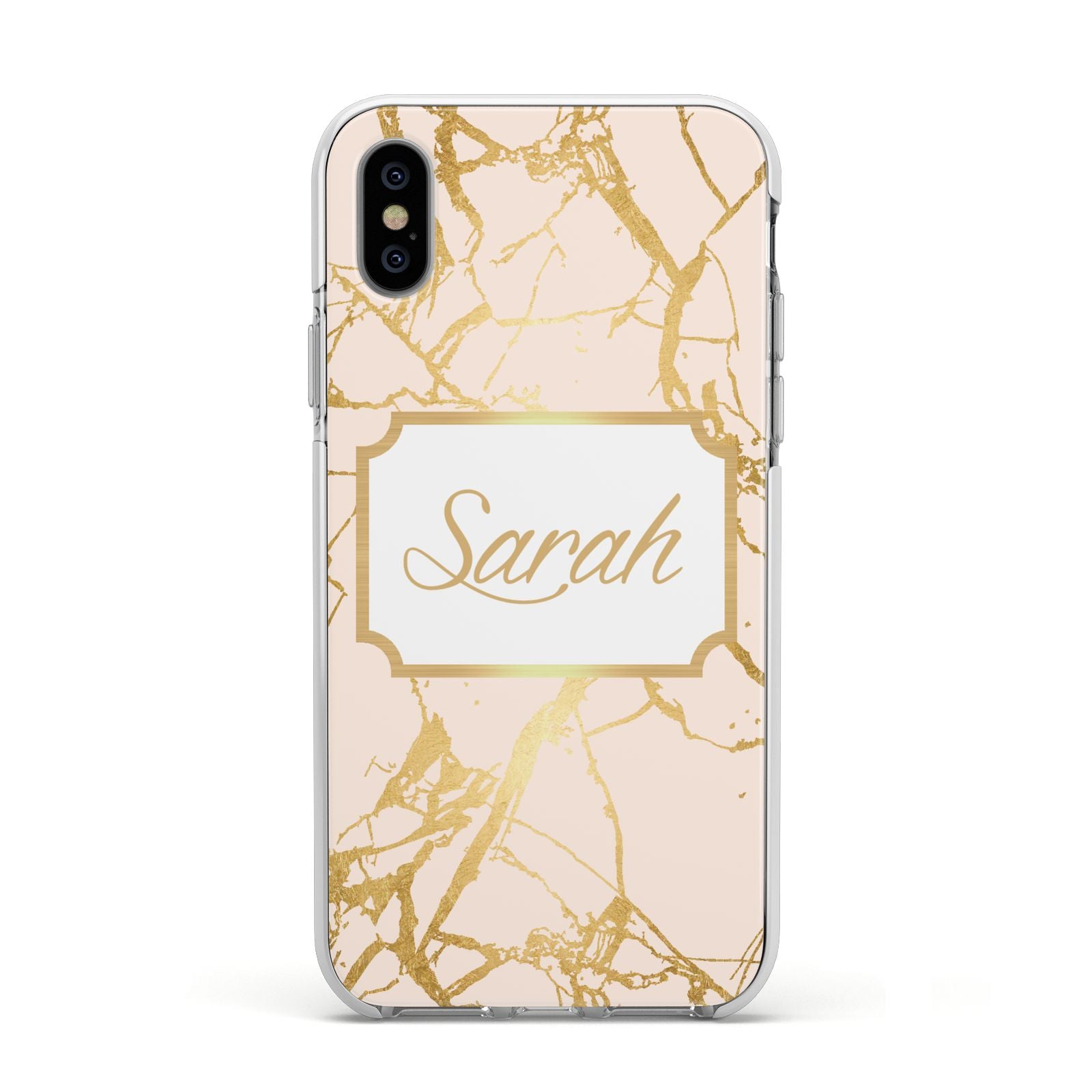 Personalised Gold Marble Pink Name Apple iPhone Xs Impact Case White Edge on Silver Phone