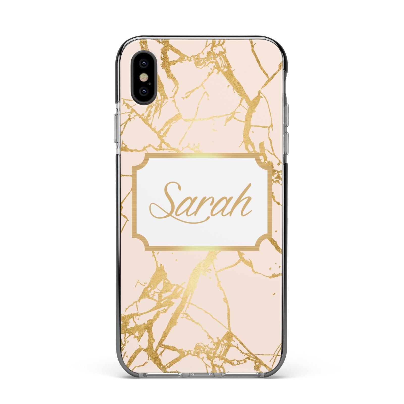 Personalised Gold Marble Pink Name Apple iPhone Xs Max Impact Case Black Edge on Black Phone