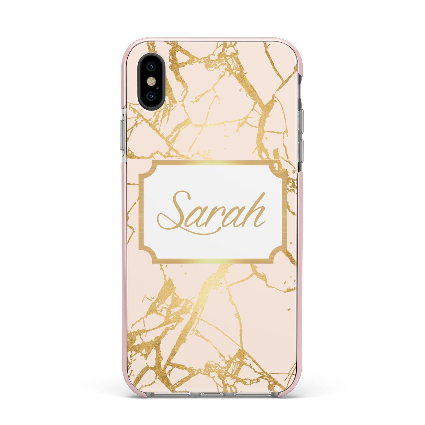 Personalised Gold Marble Pink Name Apple iPhone Xs Max Impact Case Pink Edge on Black Phone