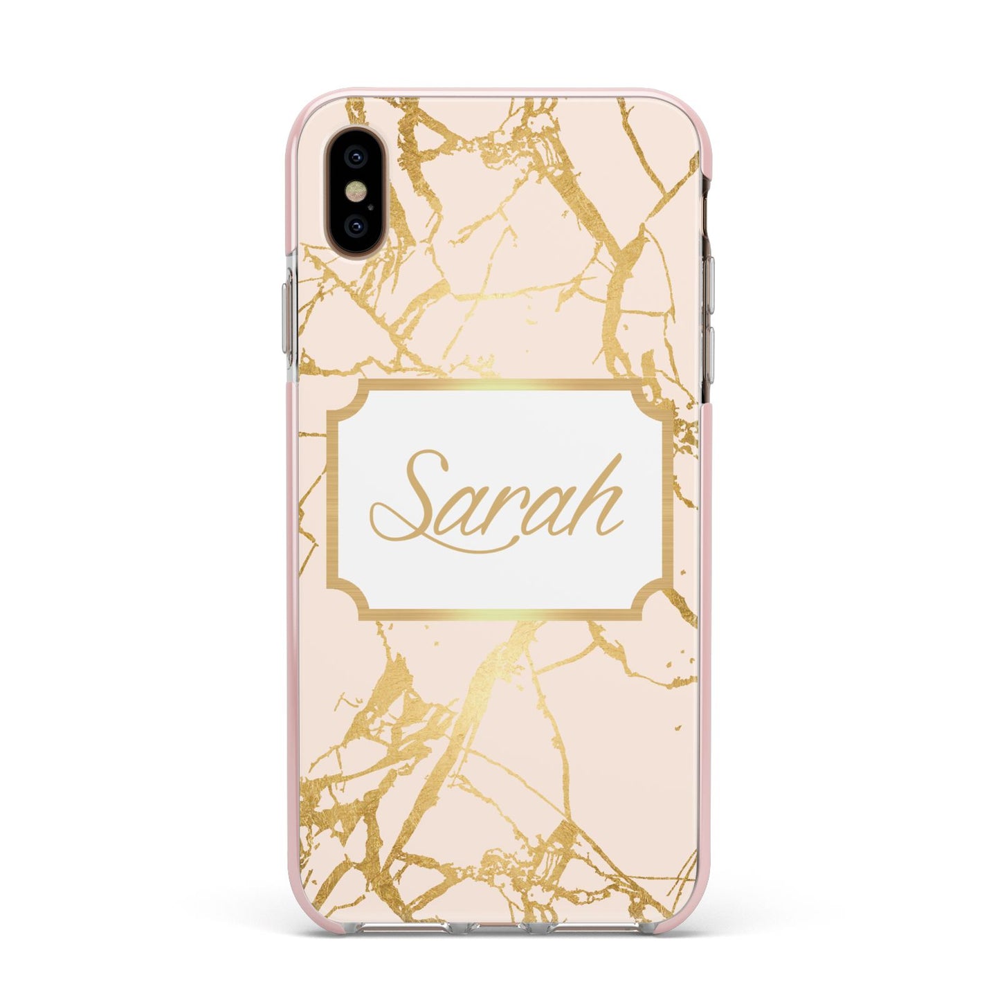 Personalised Gold Marble Pink Name Apple iPhone Xs Max Impact Case Pink Edge on Gold Phone