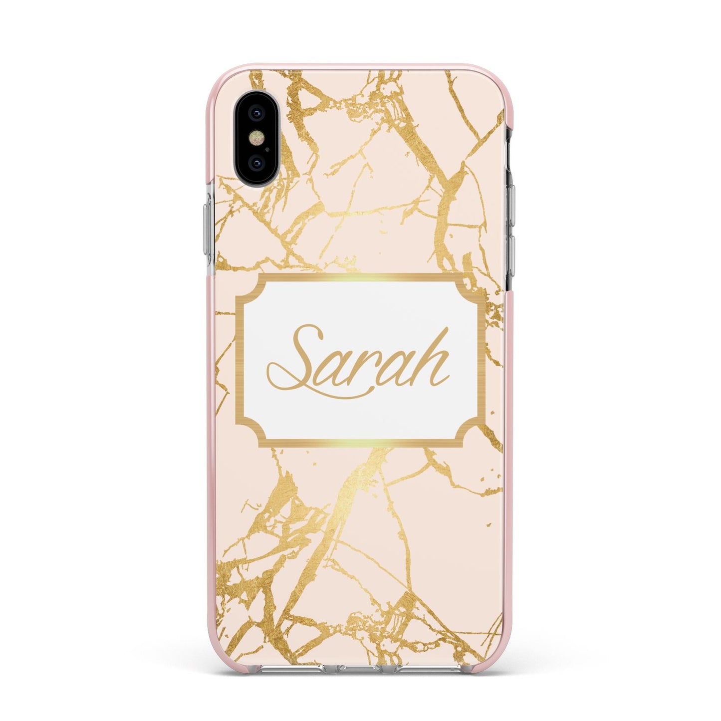 Personalised Gold Marble Pink Name Apple iPhone Xs Max Impact Case Pink Edge on Silver Phone