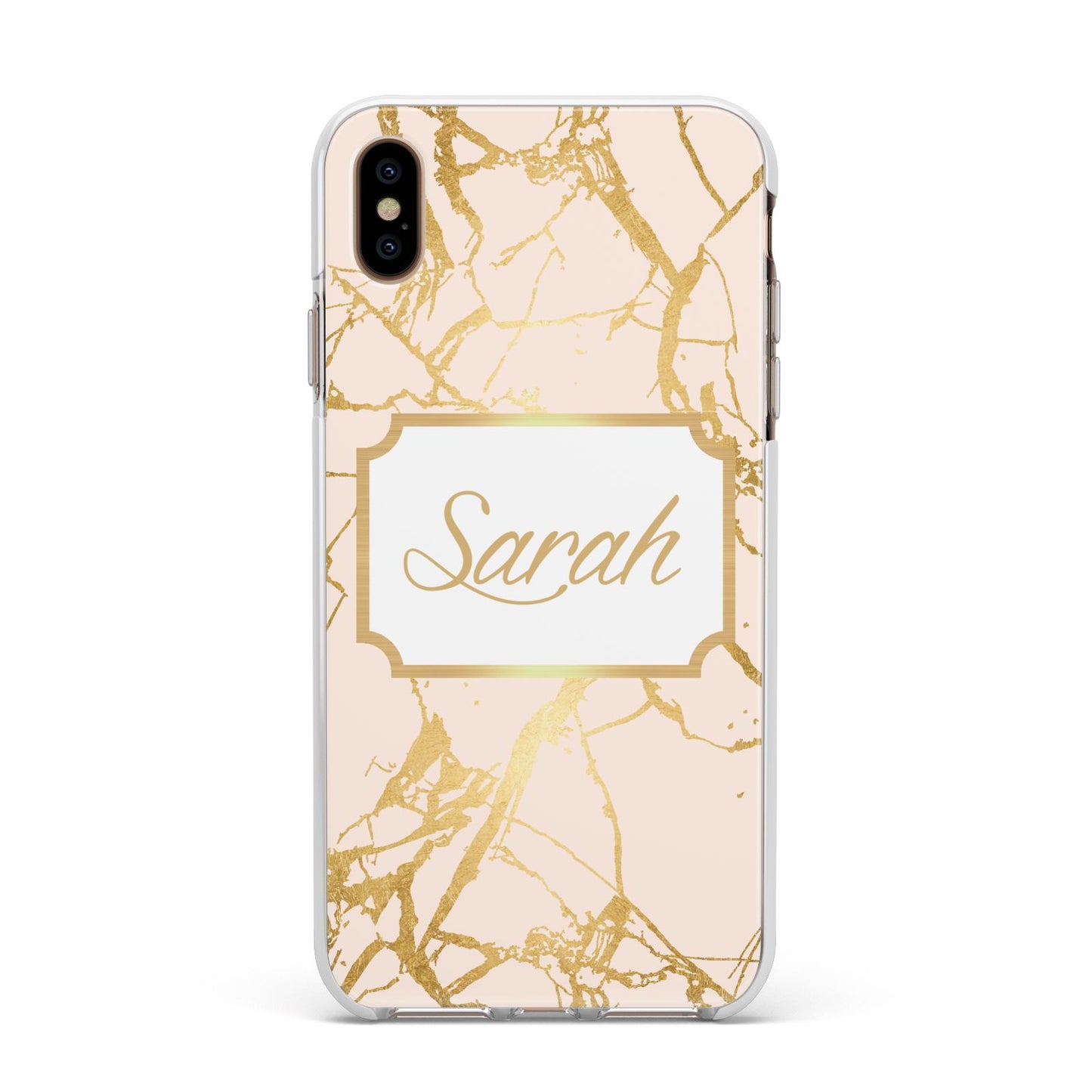 Personalised Gold Marble Pink Name Apple iPhone Xs Max Impact Case White Edge on Gold Phone