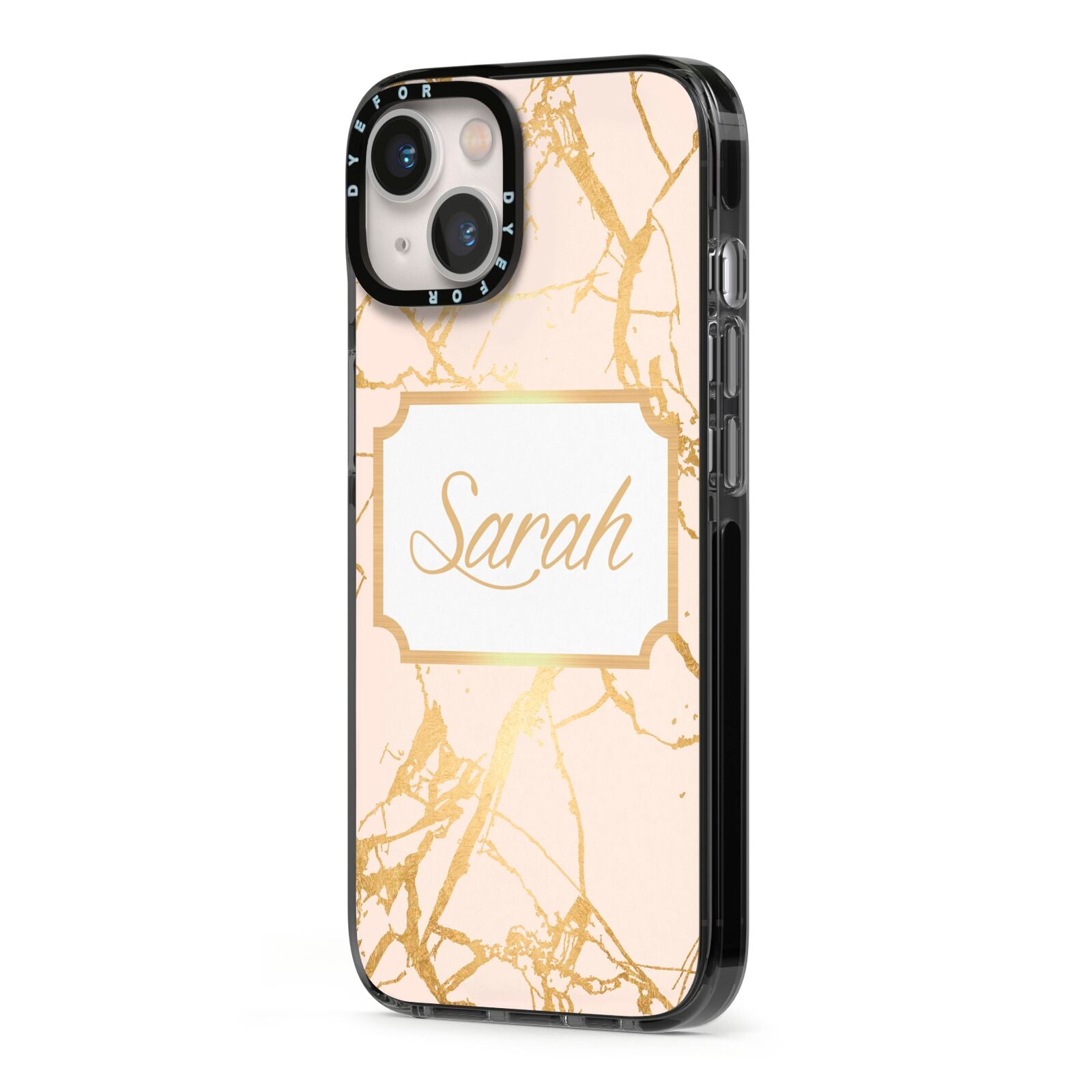 Personalised Gold Marble Pink Name iPhone 13 Black Impact Case Side Angle on Silver phone