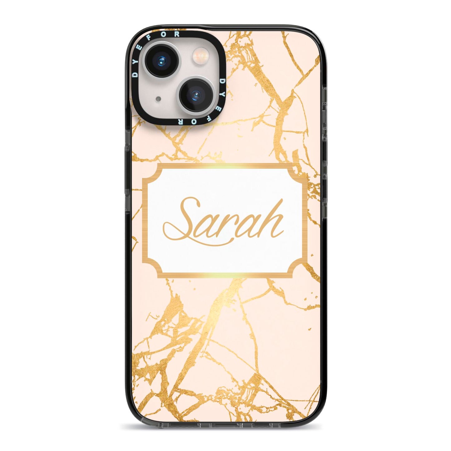 Personalised Gold Marble Pink Name iPhone 13 Black Impact Case on Silver phone