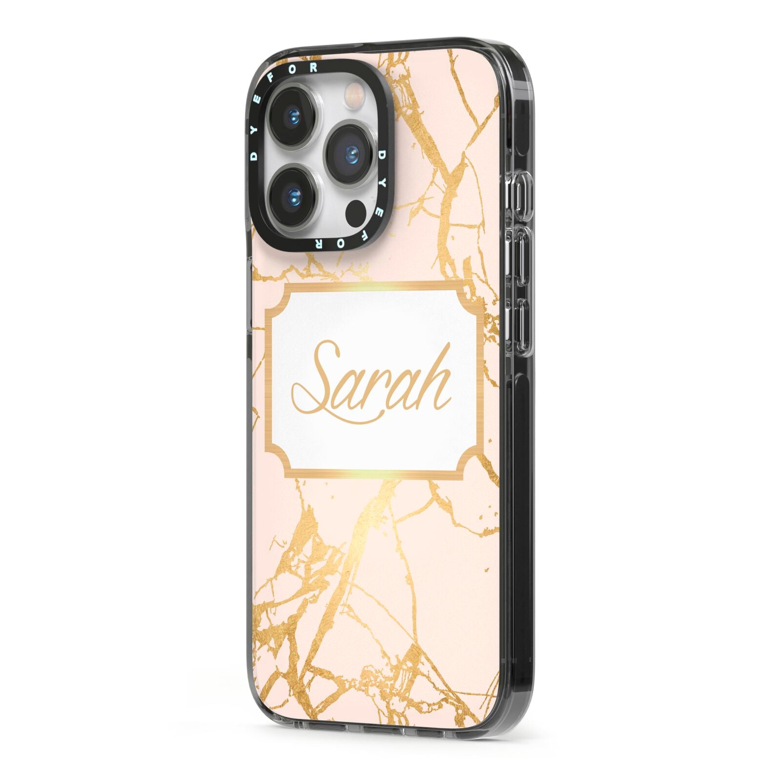 Personalised Gold Marble Pink Name iPhone 13 Pro Black Impact Case Side Angle on Silver phone