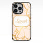 Personalised Gold Marble Pink Name iPhone 13 Pro Black Impact Case on Silver phone