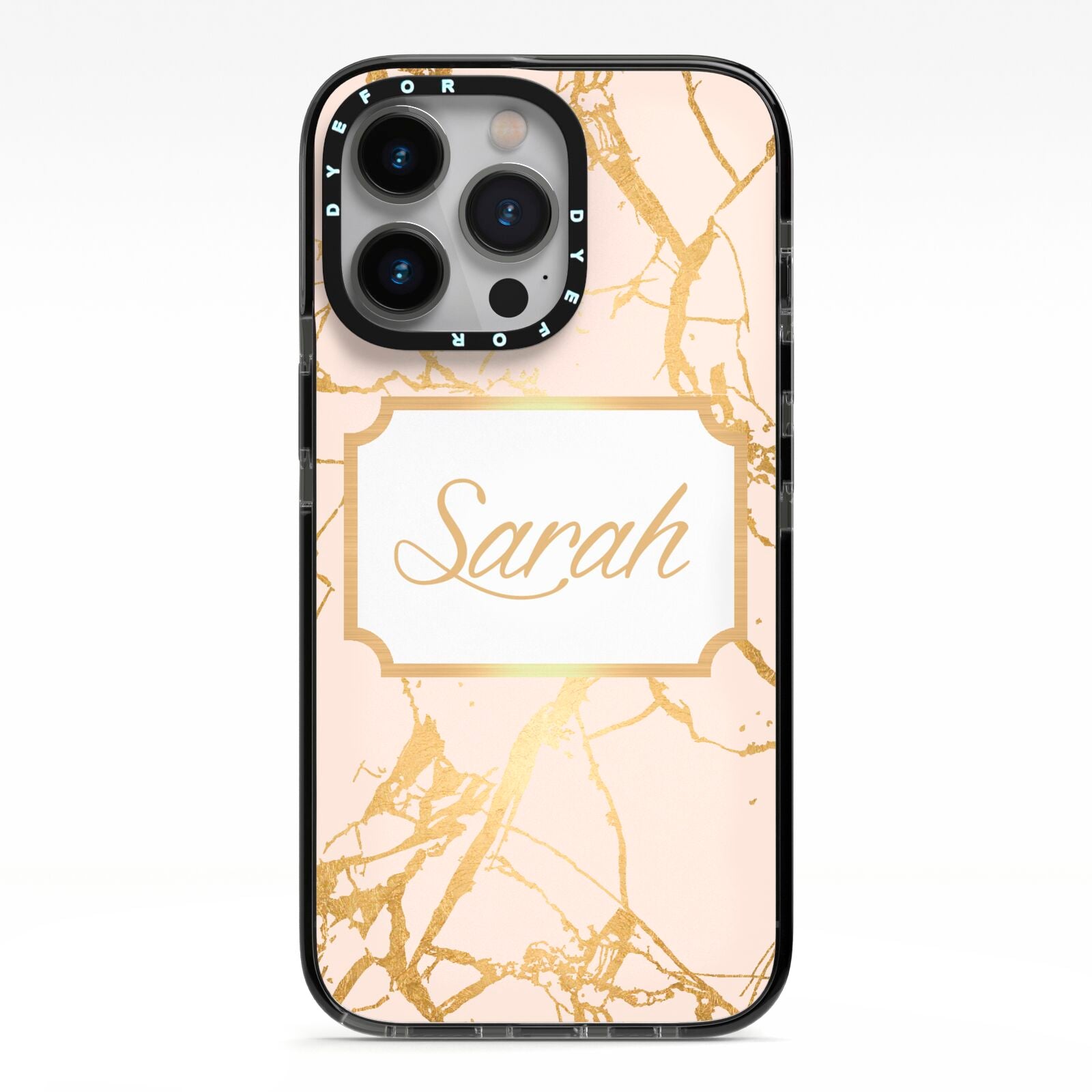 Personalised Gold Marble Pink Name iPhone 13 Pro Black Impact Case on Silver phone