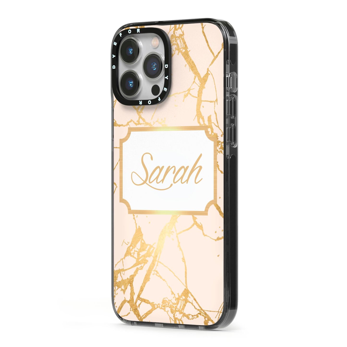 Personalised Gold Marble Pink Name iPhone 13 Pro Max Black Impact Case Side Angle on Silver phone