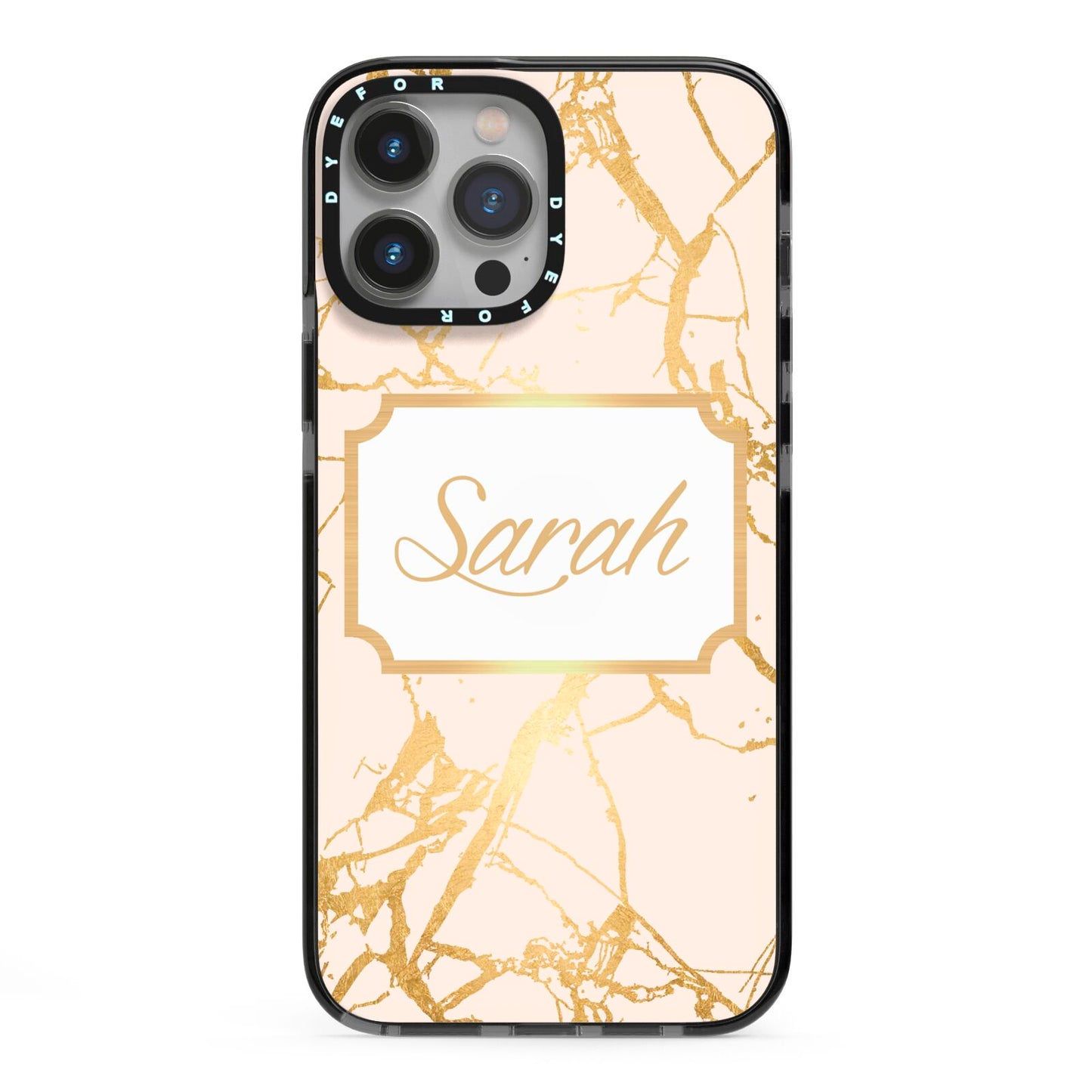 Personalised Gold Marble Pink Name iPhone 13 Pro Max Black Impact Case on Silver phone