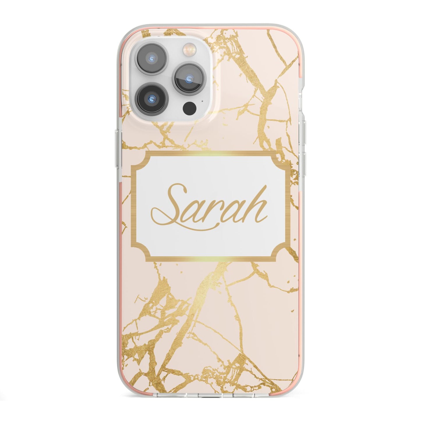 Personalised Gold Marble Pink Name iPhone 13 Pro Max TPU Impact Case with Pink Edges