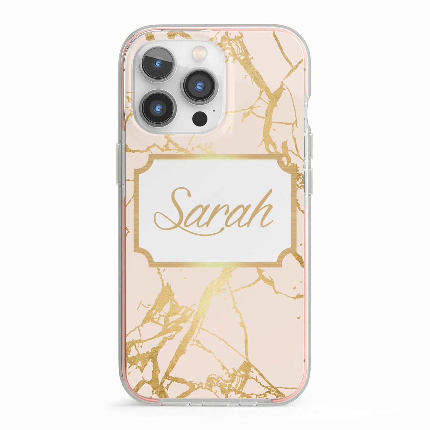 Personalised Gold Marble Pink Name iPhone 13 Pro TPU Impact Case with Pink Edges