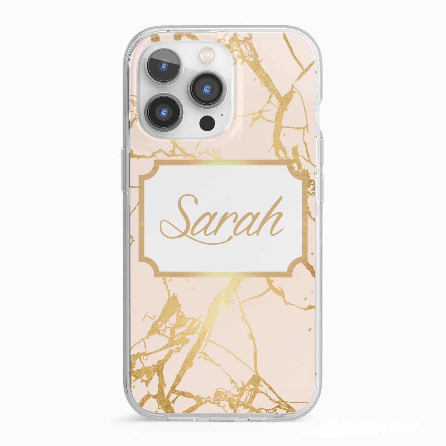 Personalised Gold Marble Pink Name iPhone 13 Pro TPU Impact Case with White Edges
