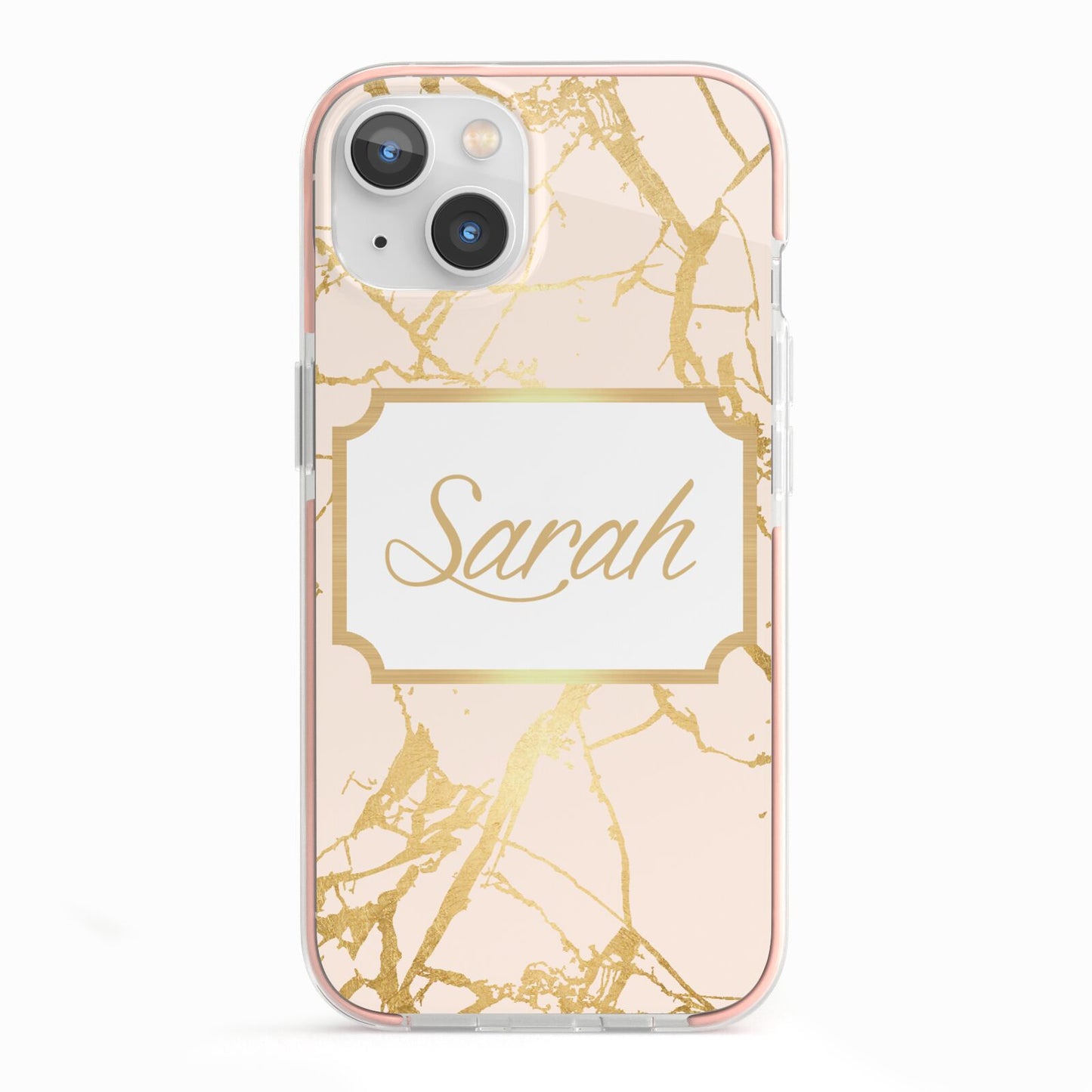 Personalised Gold Marble Pink Name iPhone 13 TPU Impact Case with Pink Edges