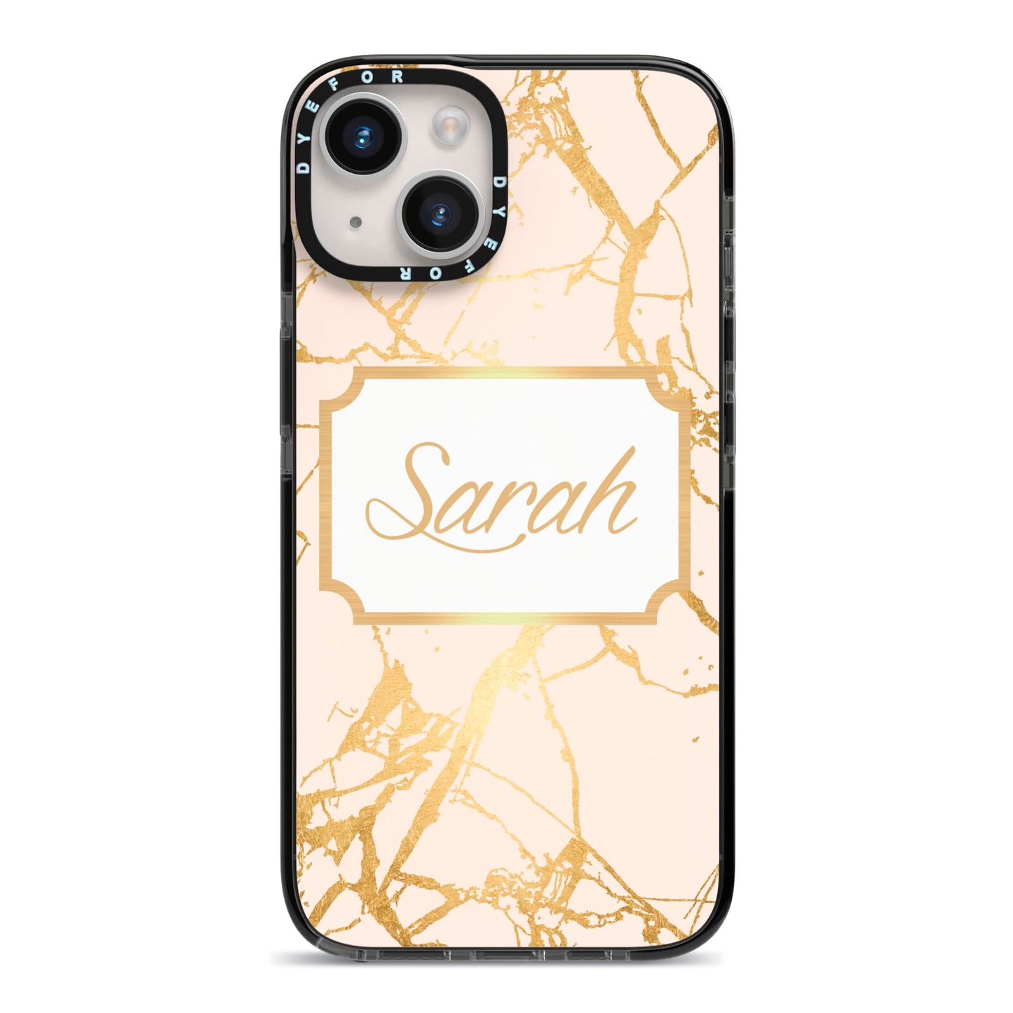 Personalised Gold Marble Pink Name iPhone 14 Black Impact Case on Silver phone
