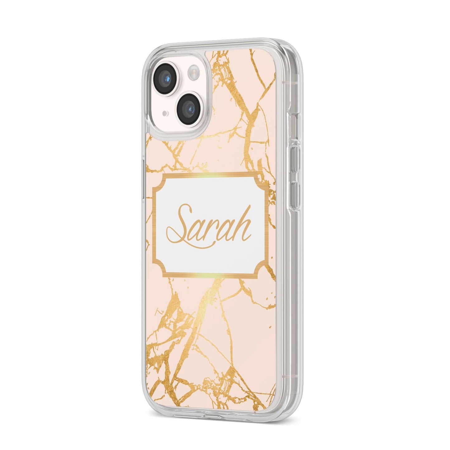 Personalised Gold Marble Pink Name iPhone 14 Clear Tough Case Starlight Angled Image