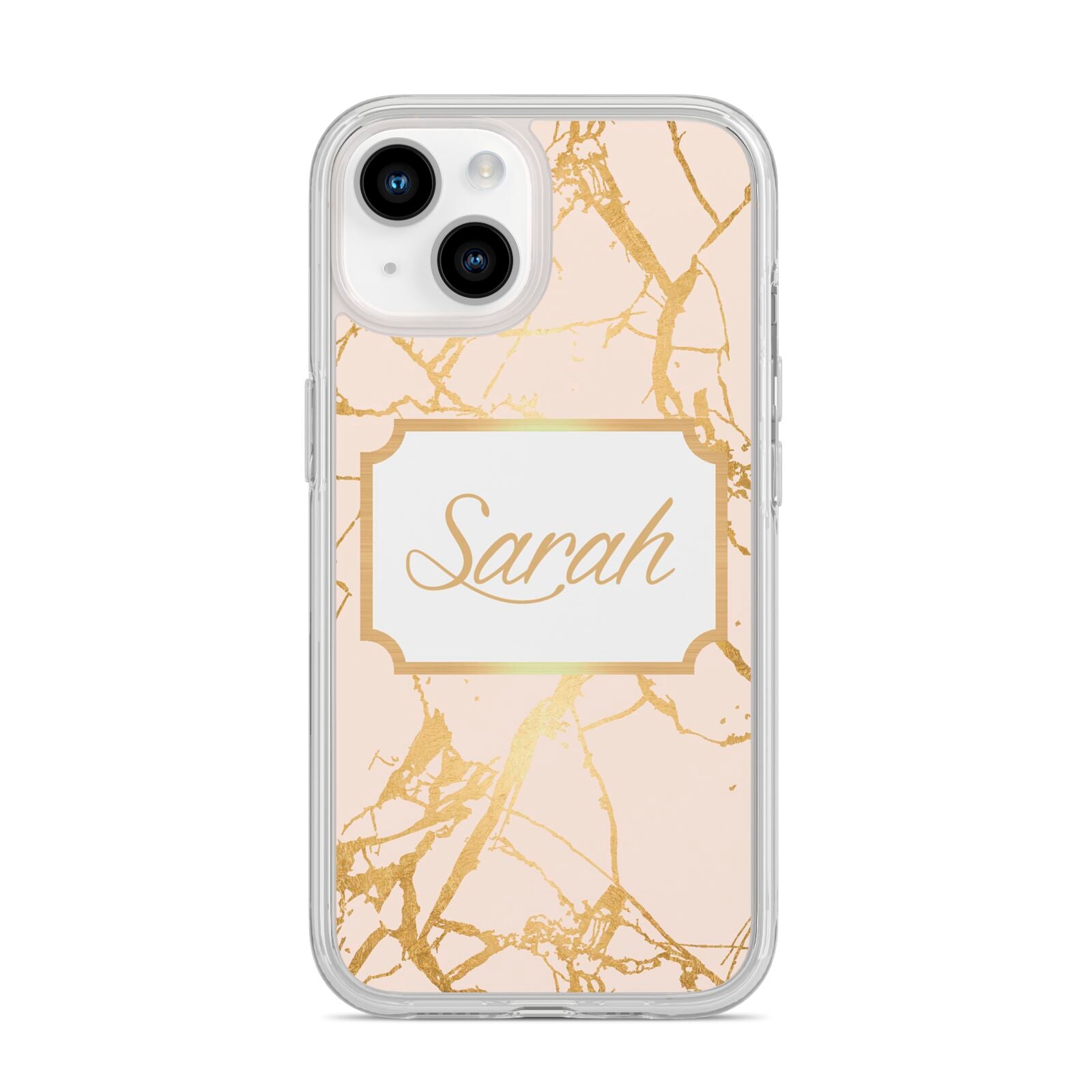 Personalised Gold Marble Pink Name iPhone 14 Clear Tough Case Starlight