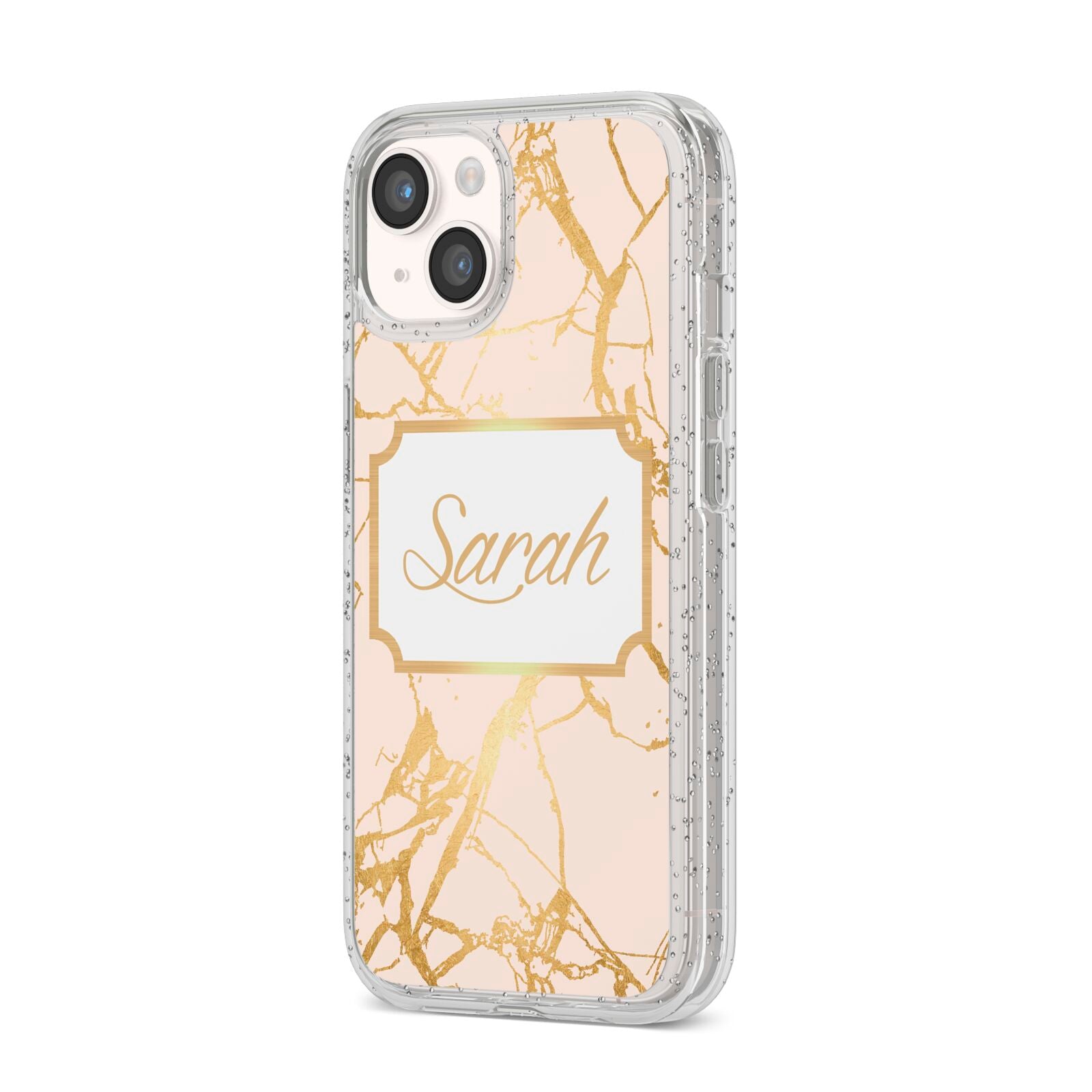 Personalised Gold Marble Pink Name iPhone 14 Glitter Tough Case Starlight Angled Image