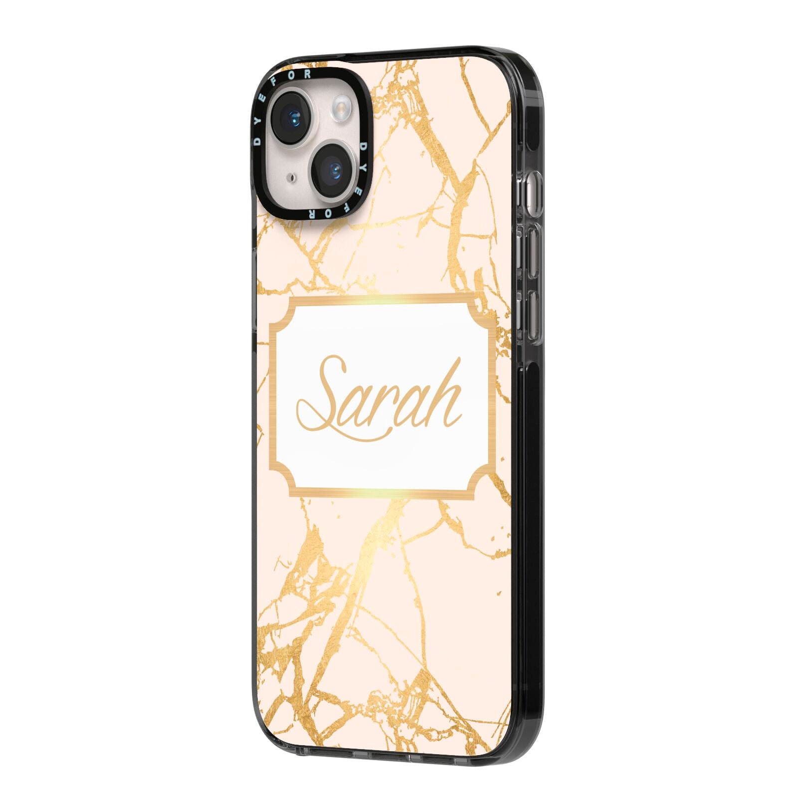 Personalised Gold Marble Pink Name iPhone 14 Plus Black Impact Case Side Angle on Silver phone