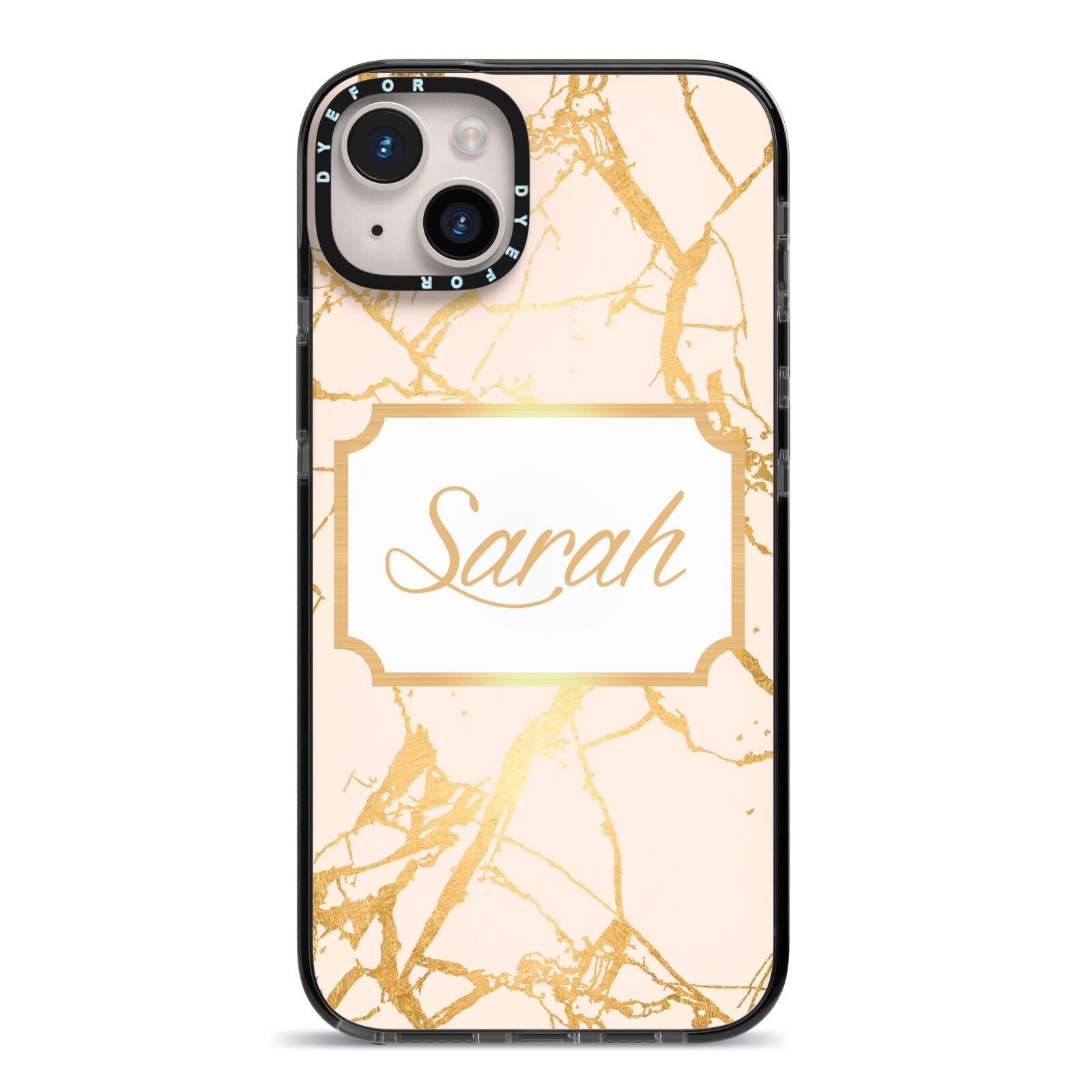 Personalised Gold Marble Pink Name iPhone 14 Plus Black Impact Case on Silver phone