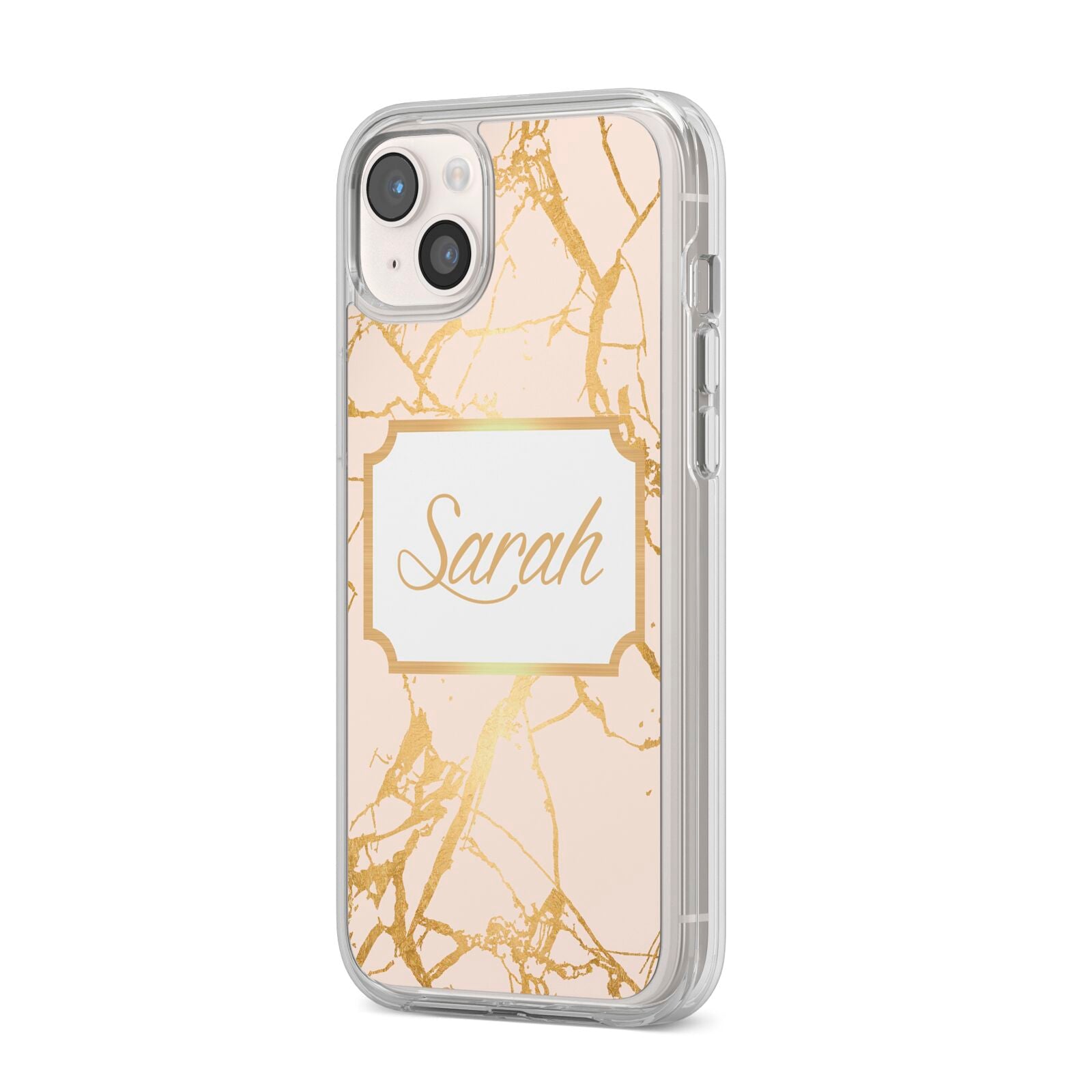 Personalised Gold Marble Pink Name iPhone 14 Plus Clear Tough Case Starlight Angled Image