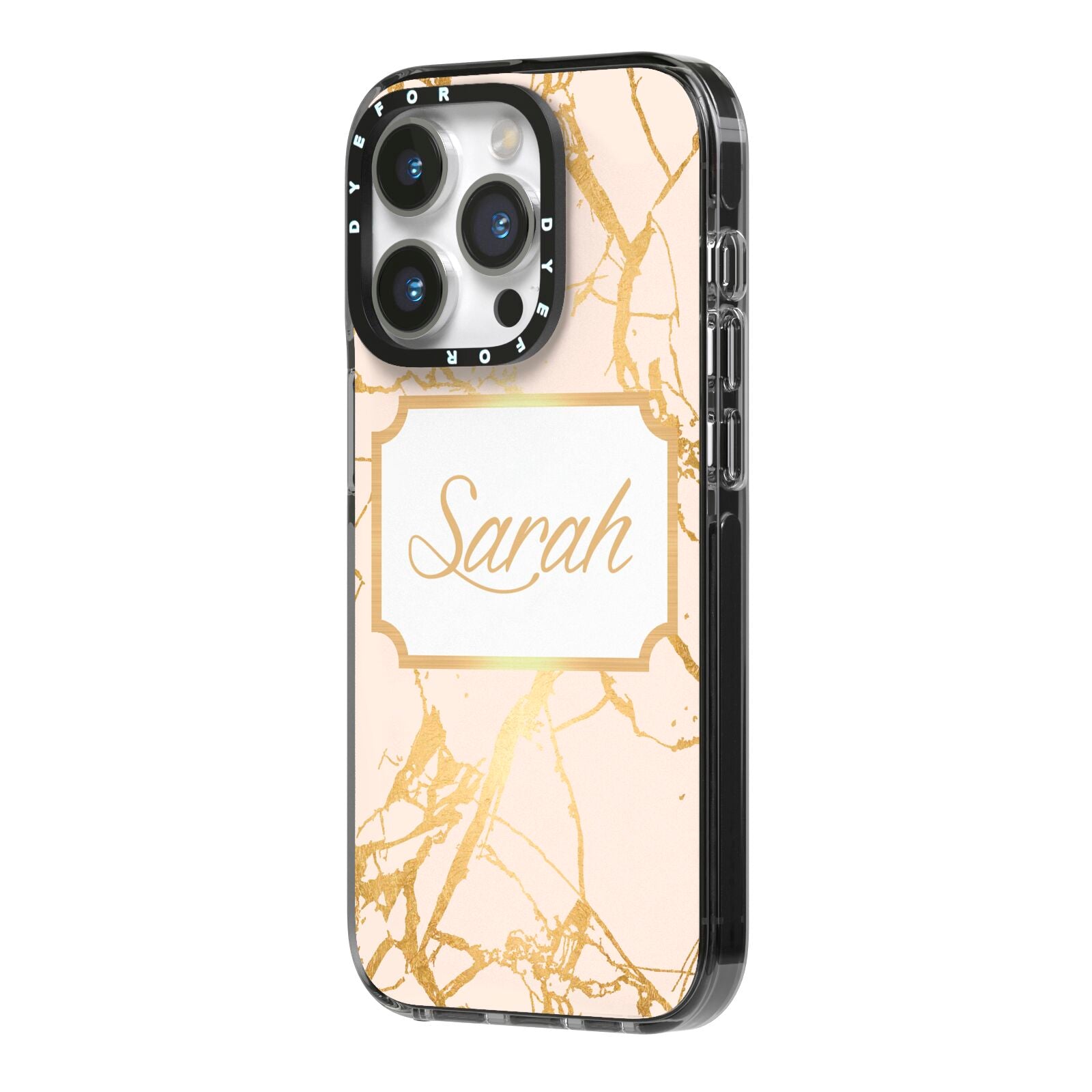 Personalised Gold Marble Pink Name iPhone 14 Pro Black Impact Case Side Angle on Silver phone