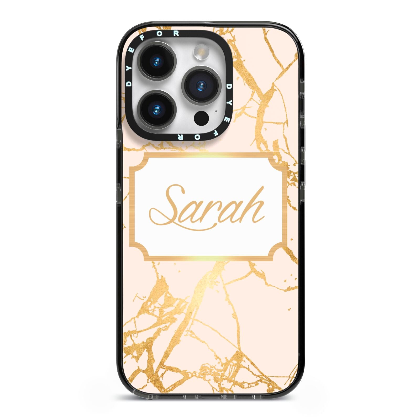 Personalised Gold Marble Pink Name iPhone 14 Pro Black Impact Case on Silver phone