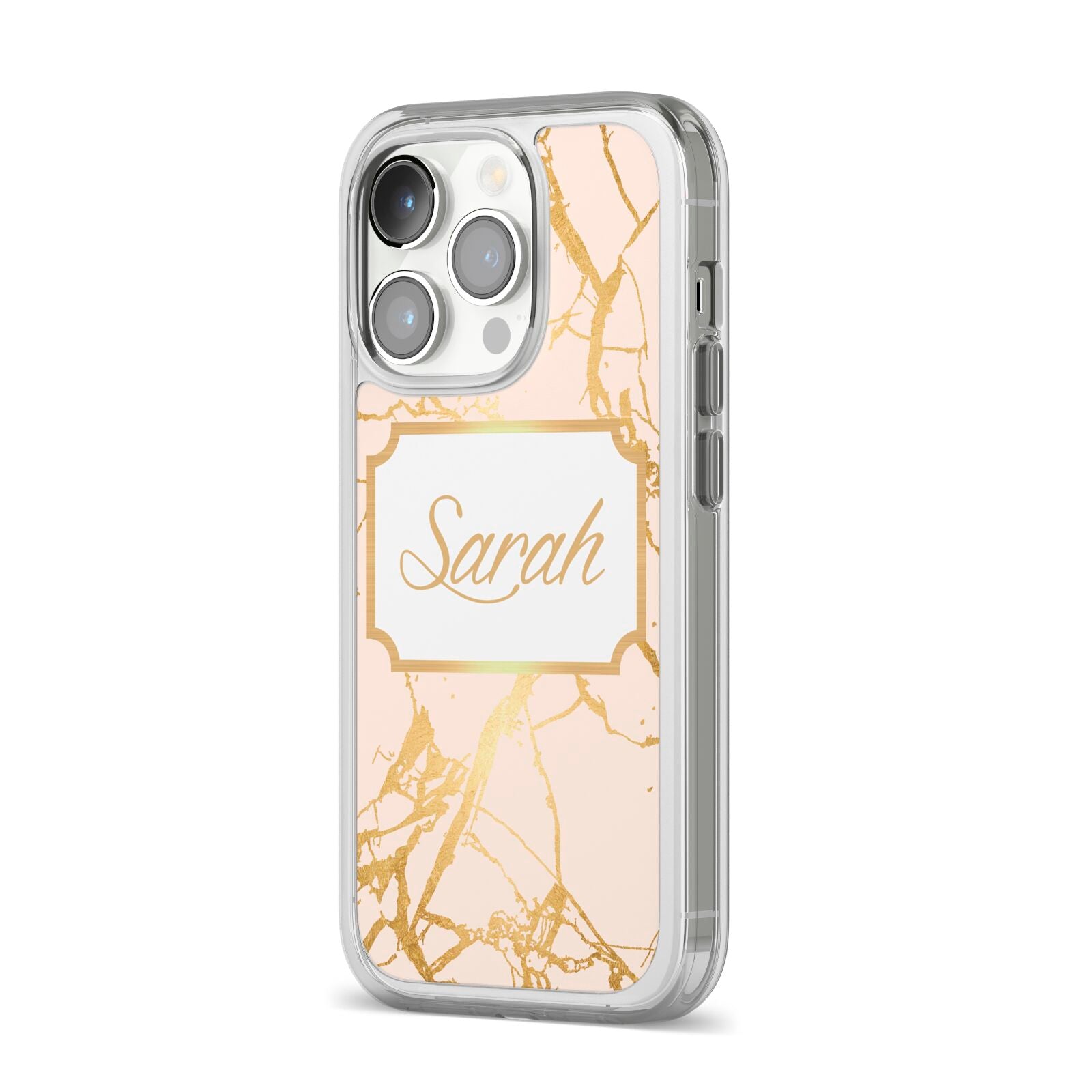 Personalised Gold Marble Pink Name iPhone 14 Pro Clear Tough Case Silver Angled Image
