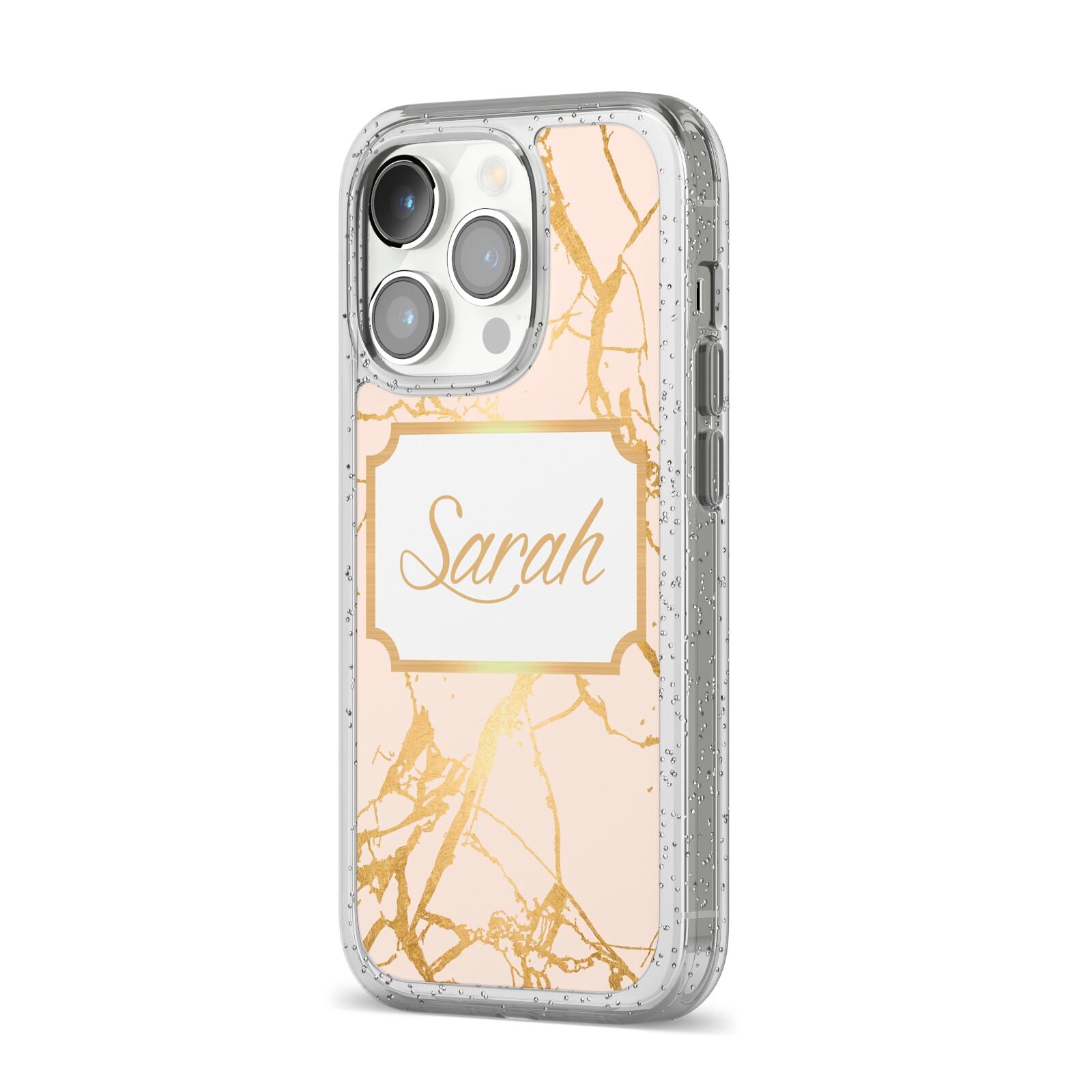 Personalised Gold Marble Pink Name iPhone 14 Pro Glitter Tough Case Silver Angled Image