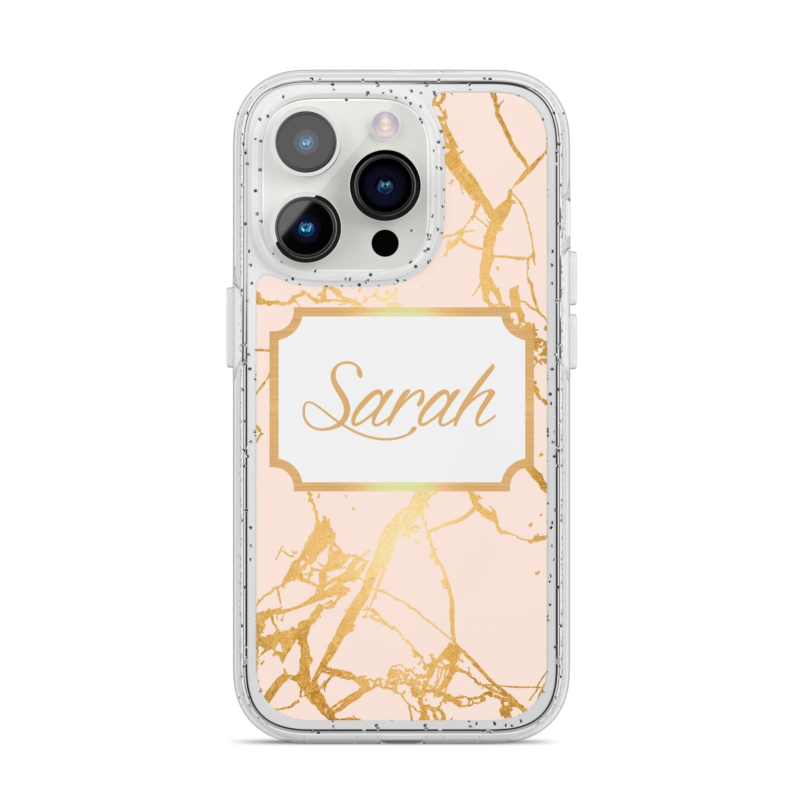 Personalised Gold Marble Pink Name iPhone 14 Pro Glitter Tough Case Silver