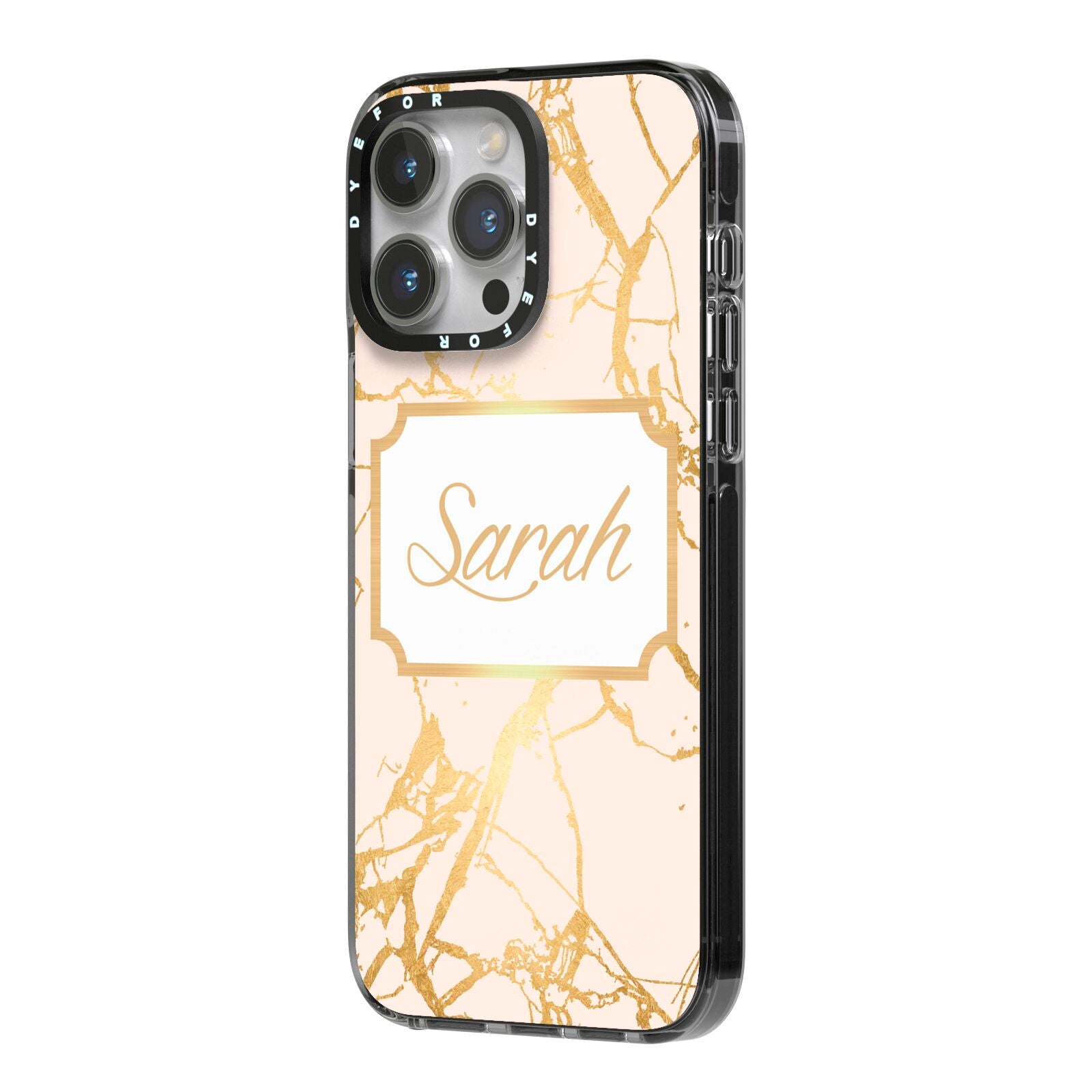 Personalised Gold Marble Pink Name iPhone 14 Pro Max Black Impact Case Side Angle on Silver phone