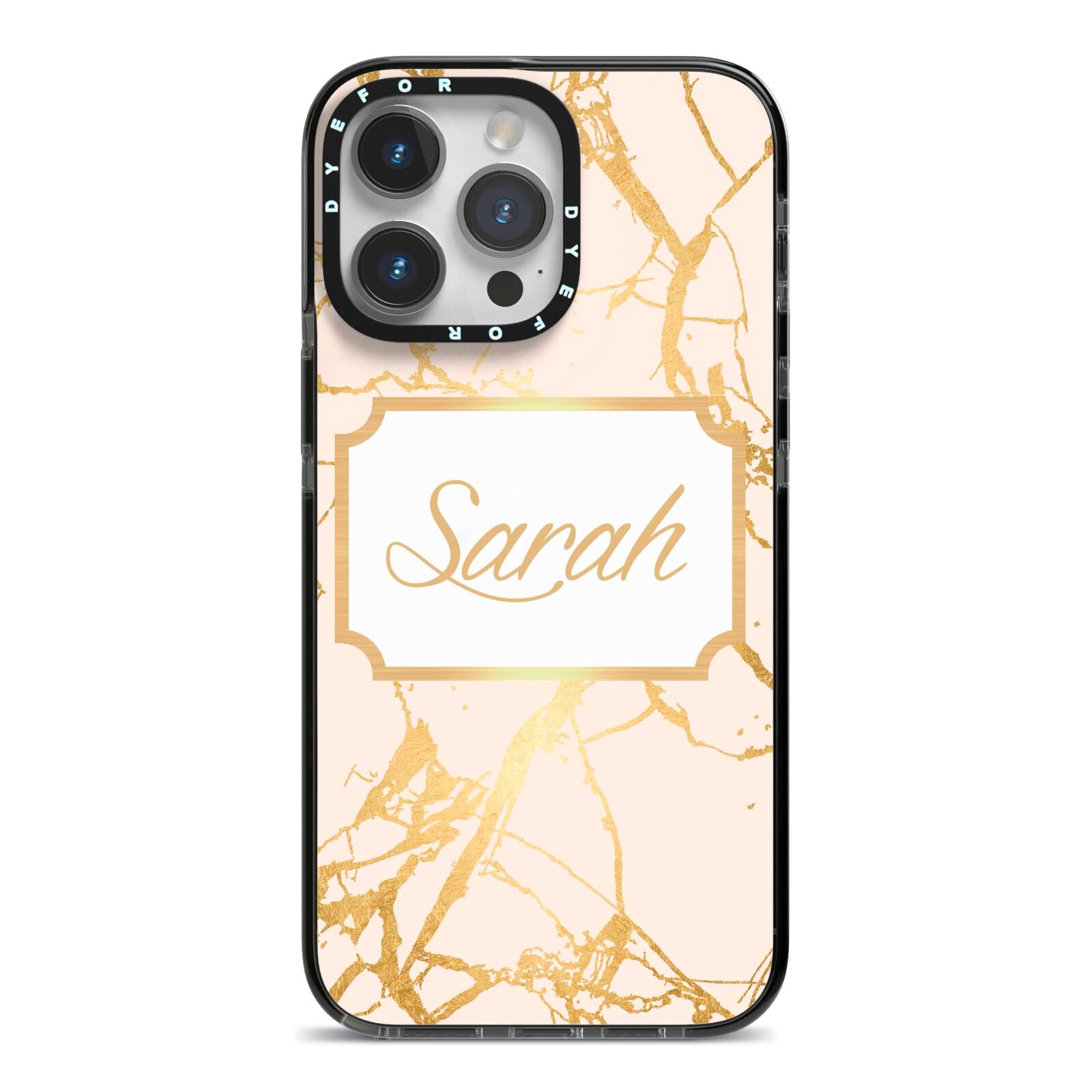 Personalised Gold Marble Pink Name iPhone 14 Pro Max Black Impact Case on Silver phone