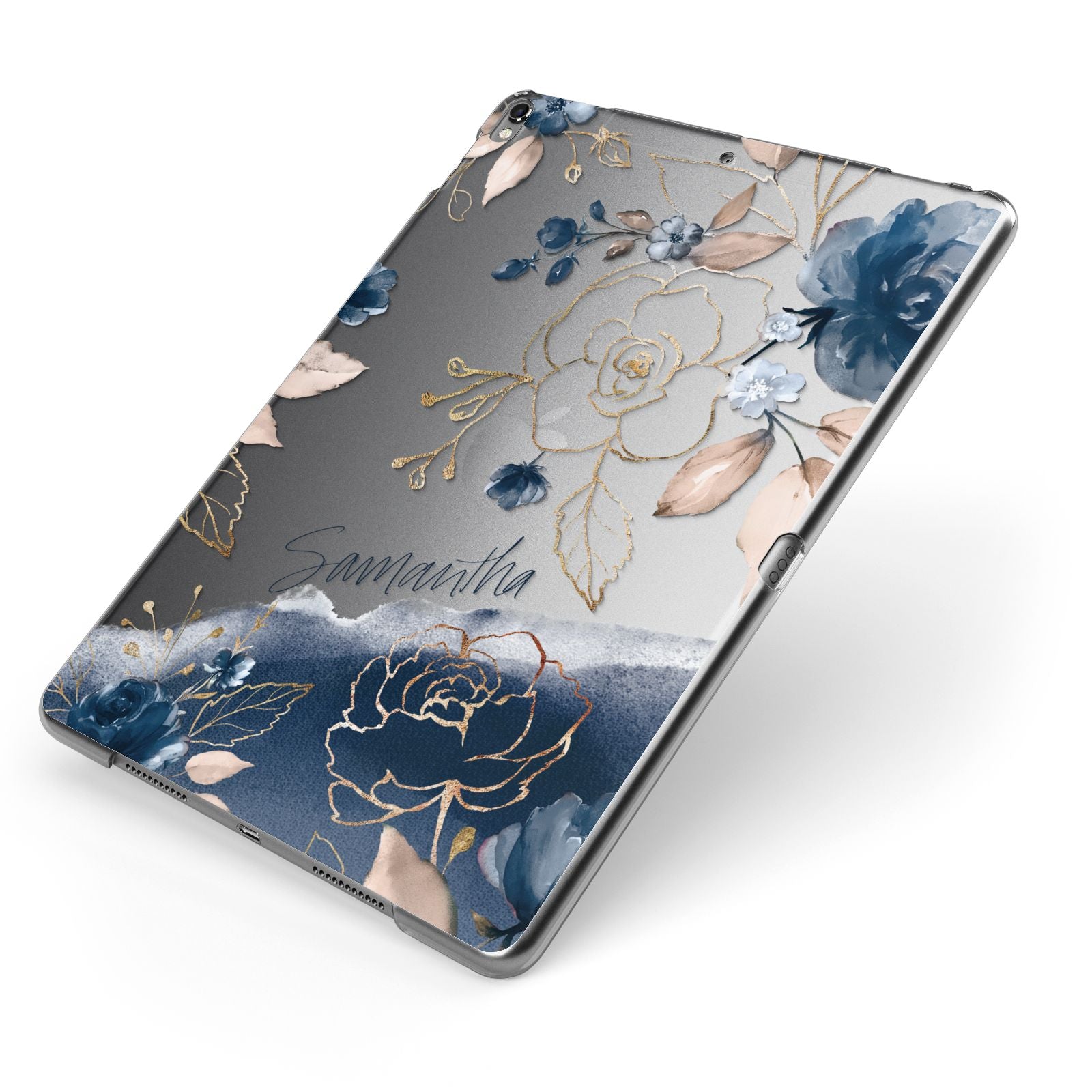 Personalised Gold Peonies Apple iPad Case on Grey iPad Side View