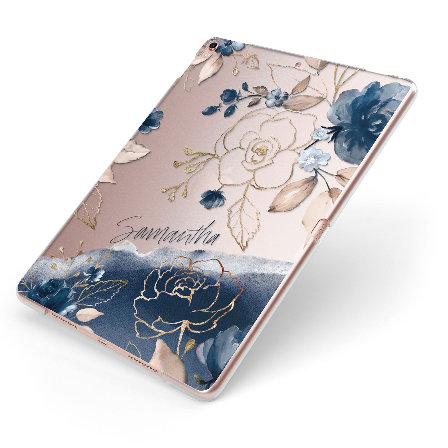 Personalised Gold Peonies Apple iPad Case on Rose Gold iPad Side View