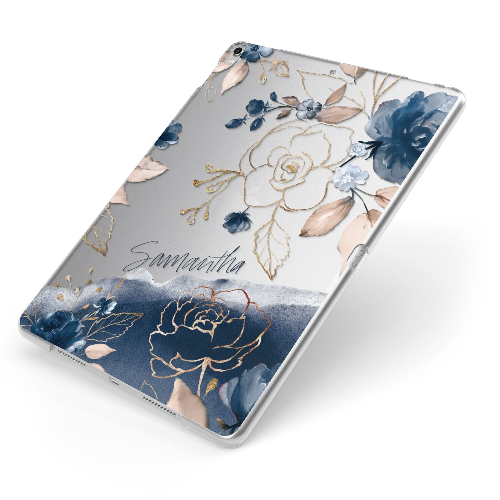 Personalised Gold Peonies Apple iPad Case on Silver iPad Side View