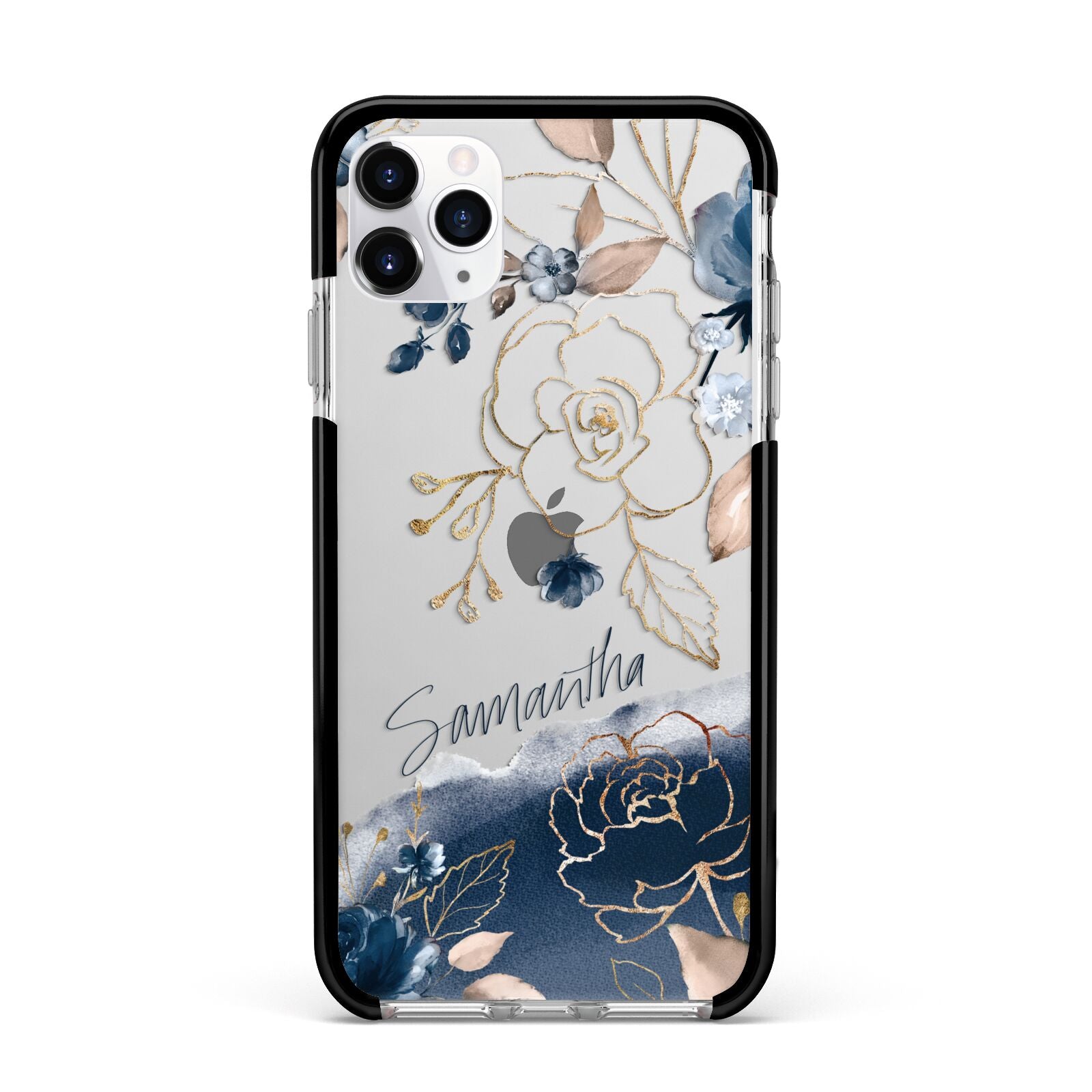 Personalised Gold Peonies Apple iPhone 11 Pro Max in Silver with Black Impact Case