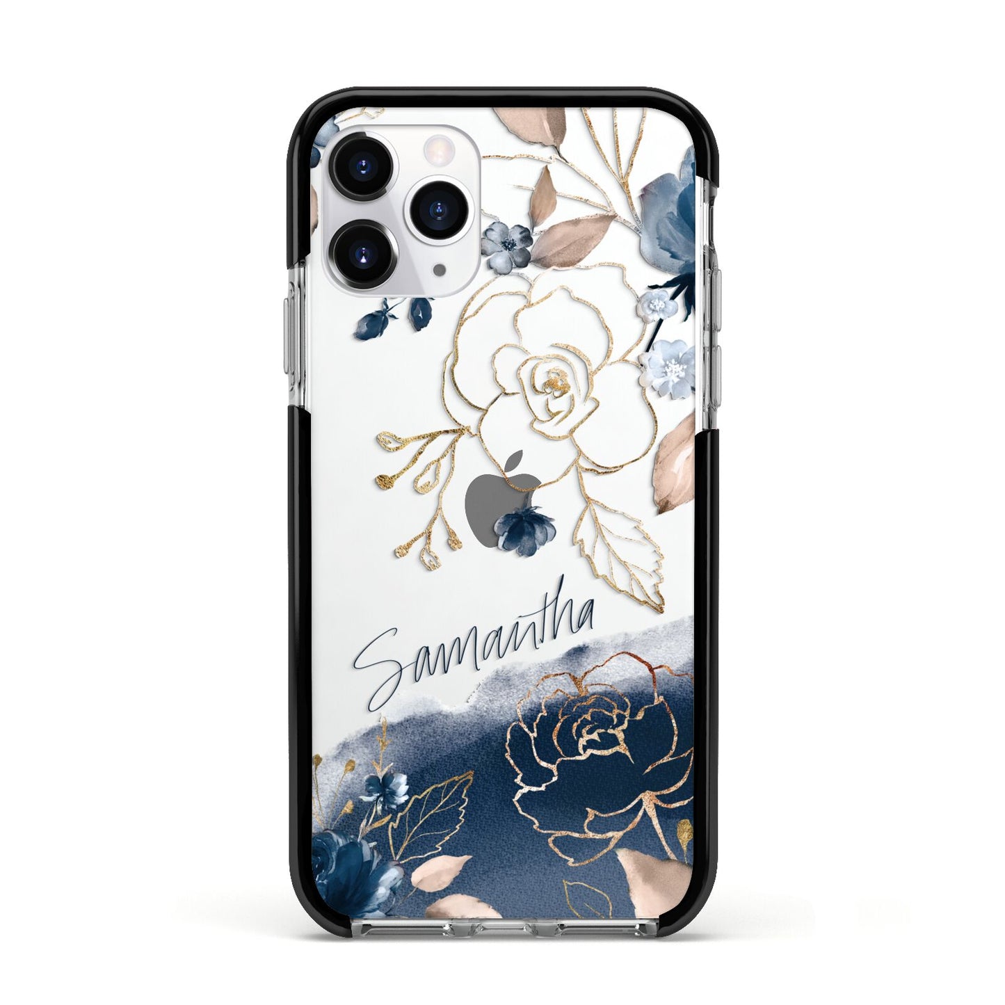 Personalised Gold Peonies Apple iPhone 11 Pro in Silver with Black Impact Case