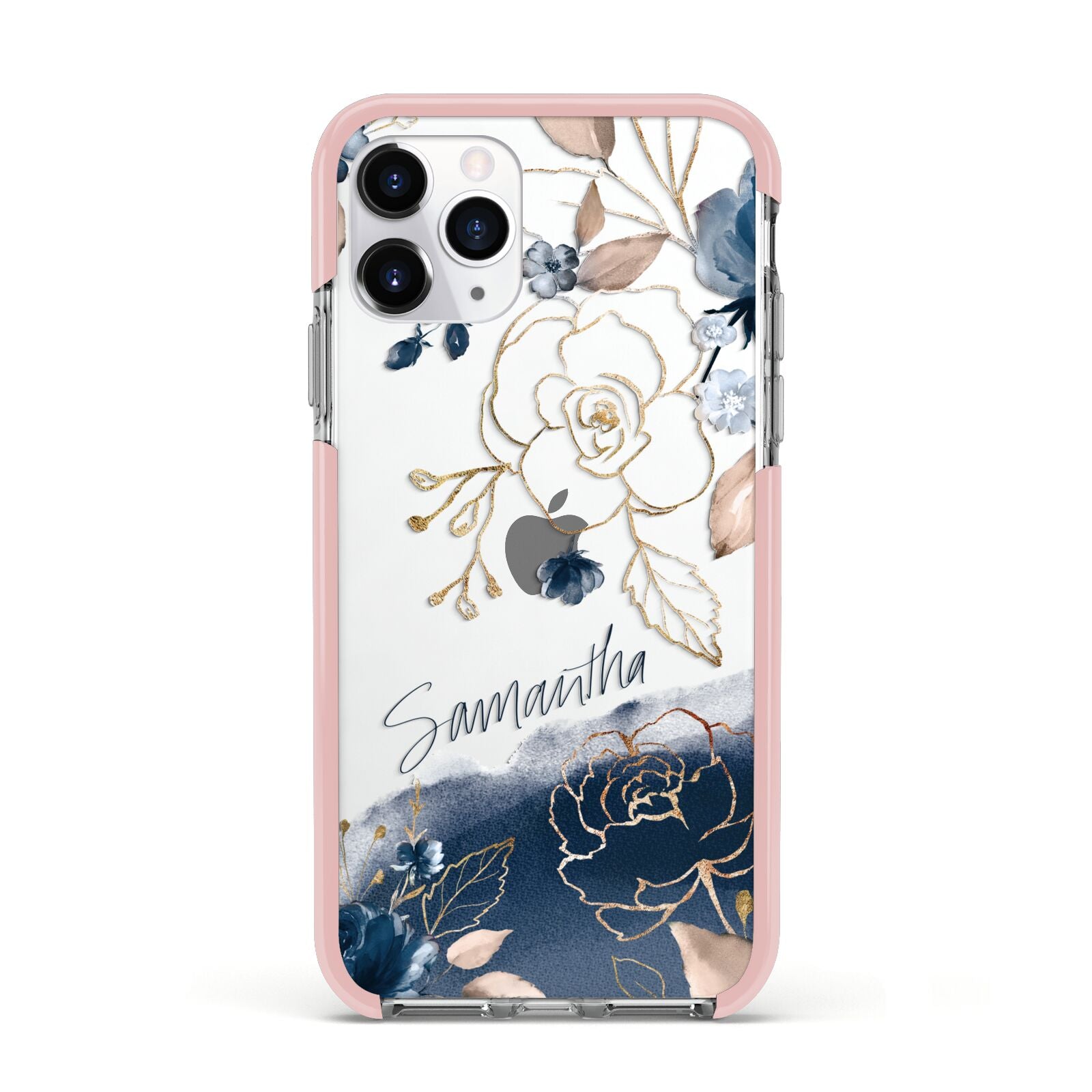 Personalised Gold Peonies Apple iPhone 11 Pro in Silver with Pink Impact Case